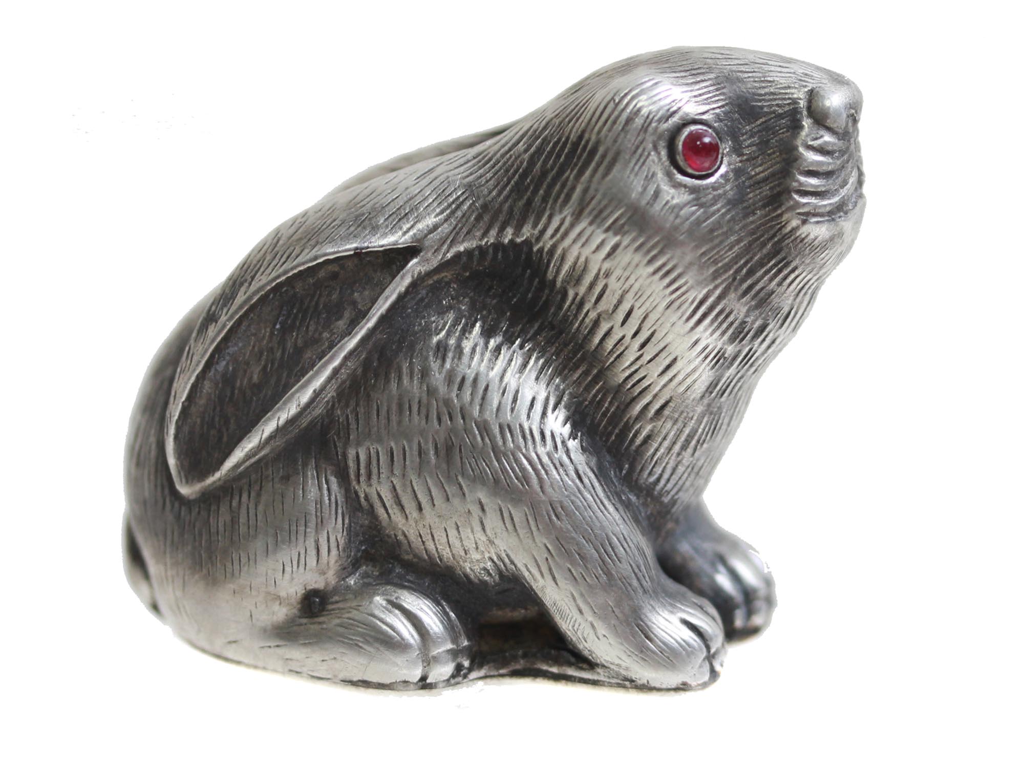 RUSSIAN CARVED SILVER RABBIT FIGURINE W RUBY EYES PIC-0