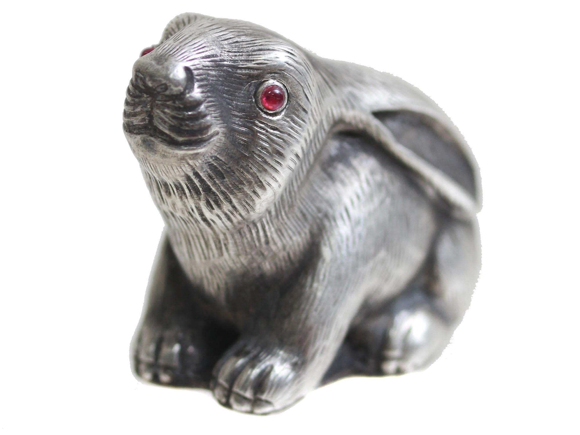 RUSSIAN CARVED SILVER RABBIT FIGURINE W RUBY EYES PIC-1