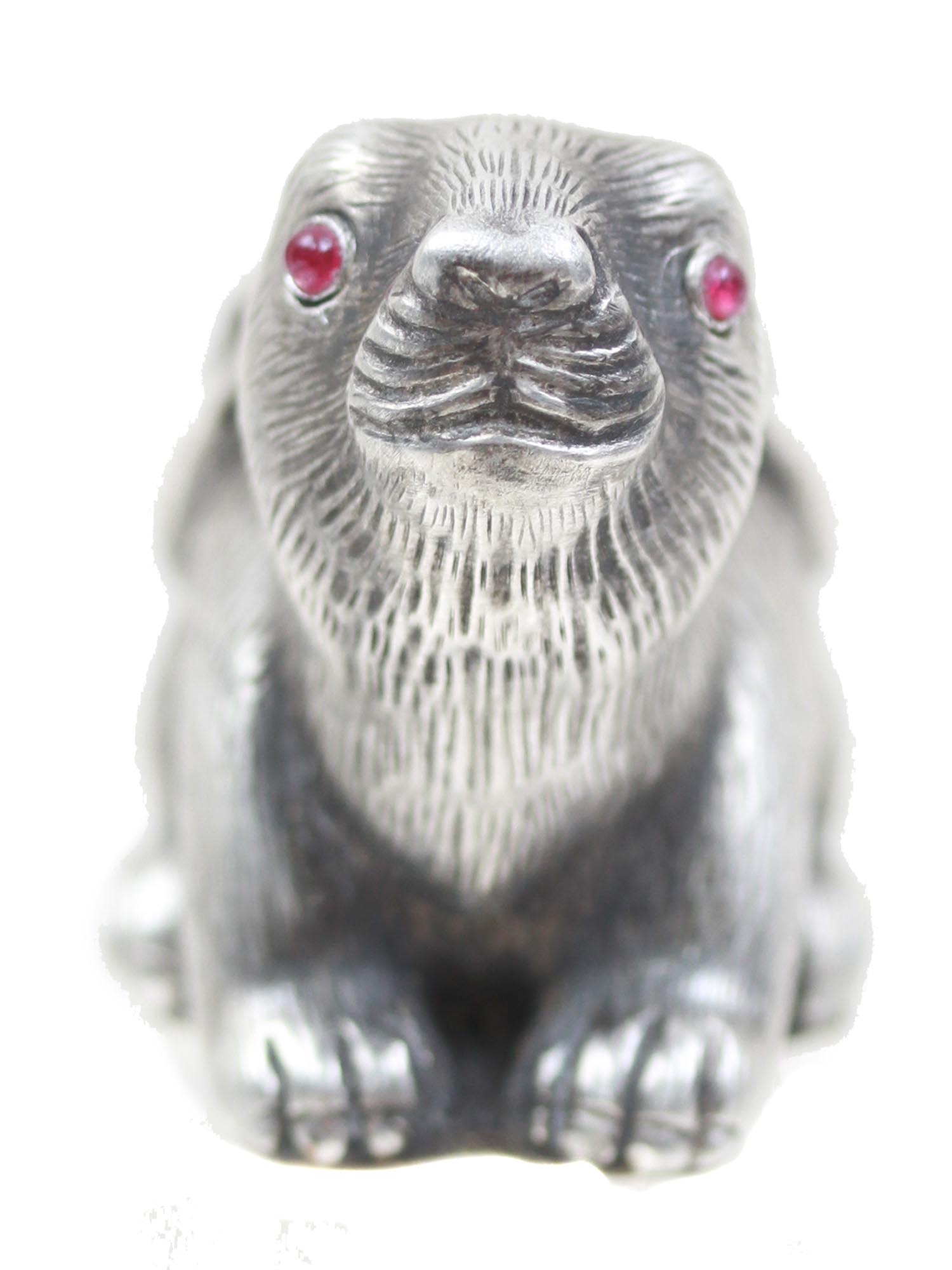 RUSSIAN CARVED SILVER RABBIT FIGURINE W RUBY EYES PIC-2