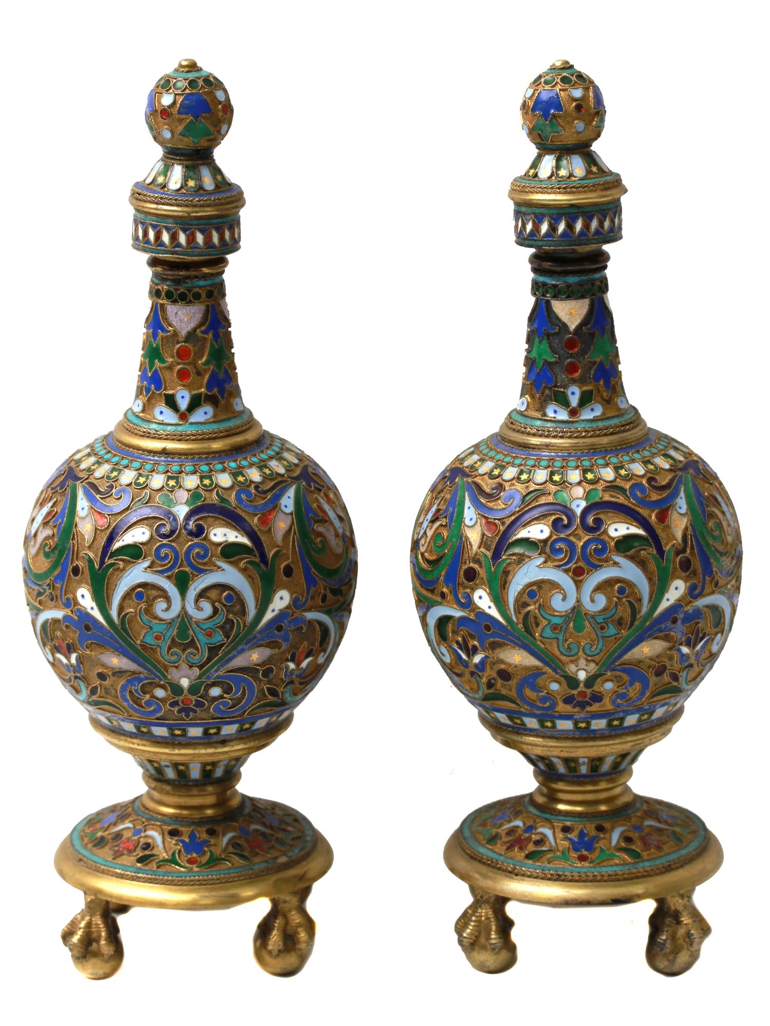 A PAIR OF RUSSIAN SILVER & ENAMEL PERFUME BOTTLES PIC-0