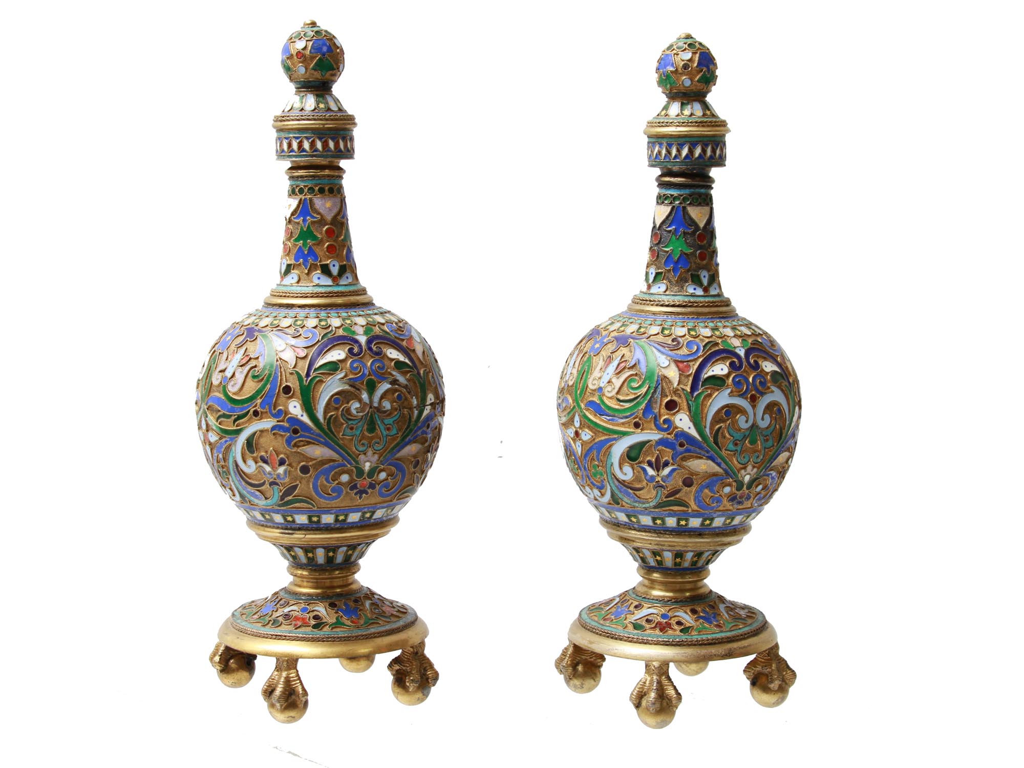 A PAIR OF RUSSIAN SILVER & ENAMEL PERFUME BOTTLES PIC-1