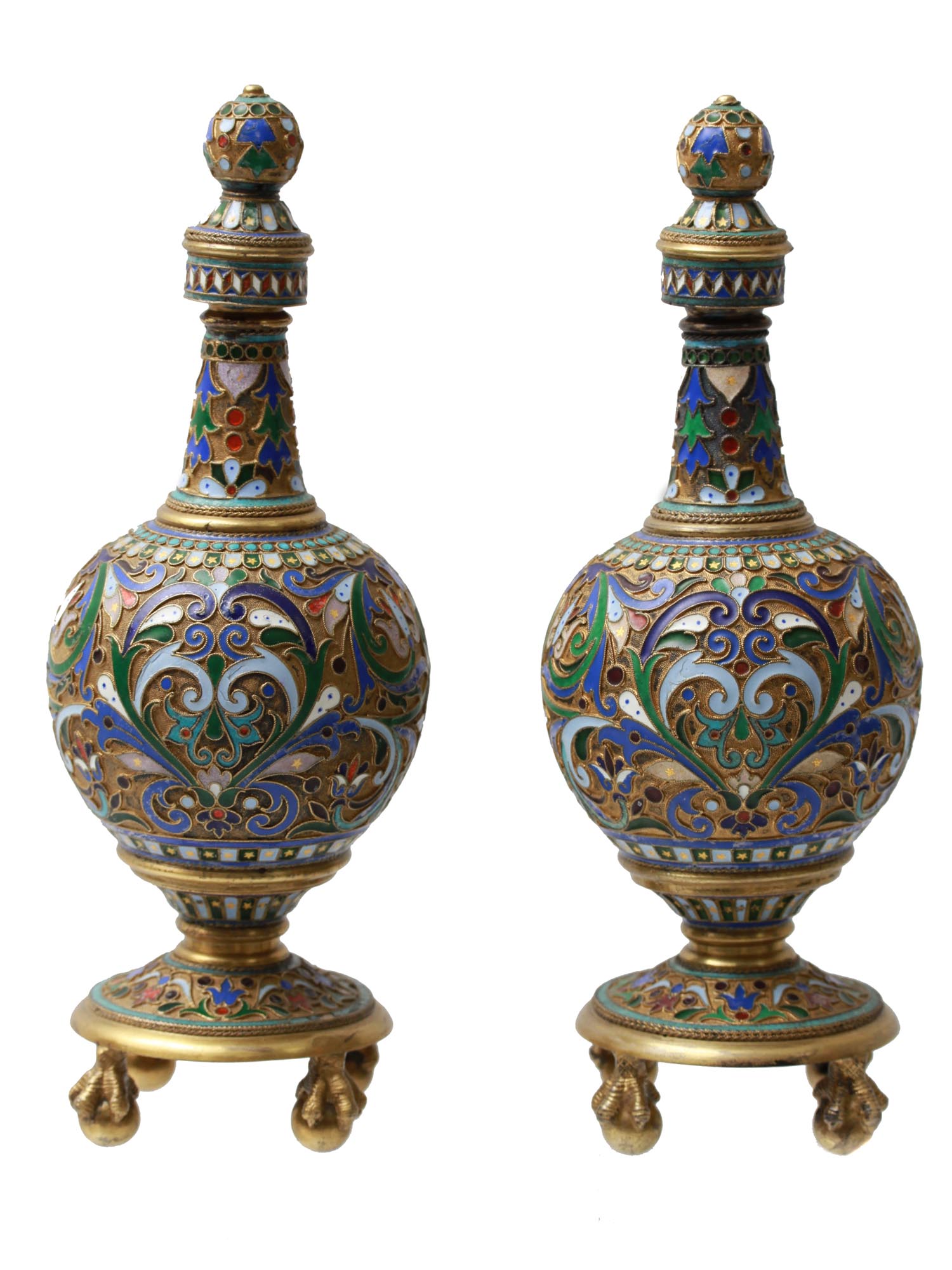 A PAIR OF RUSSIAN SILVER & ENAMEL PERFUME BOTTLES PIC-2