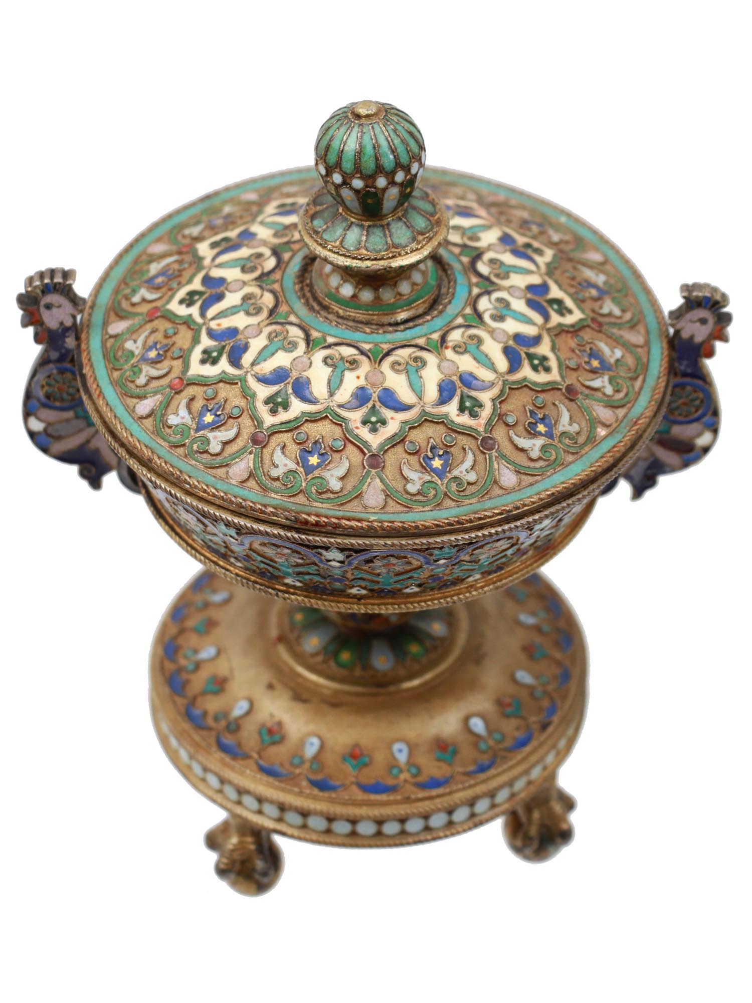 A RUSSIAN GILT SILVER AND ENAMEL LIDDED BOWL PIC-1