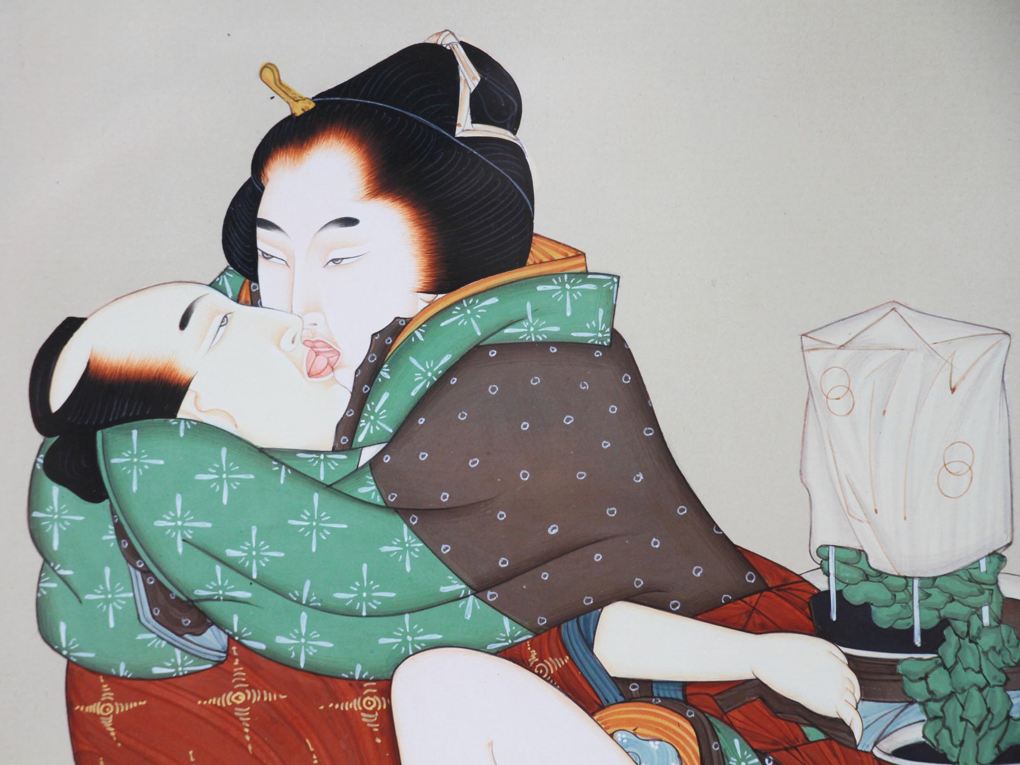 ANTIQUE JAPANESE SHUNGA WATERCOLOR PAINTING PIC-2