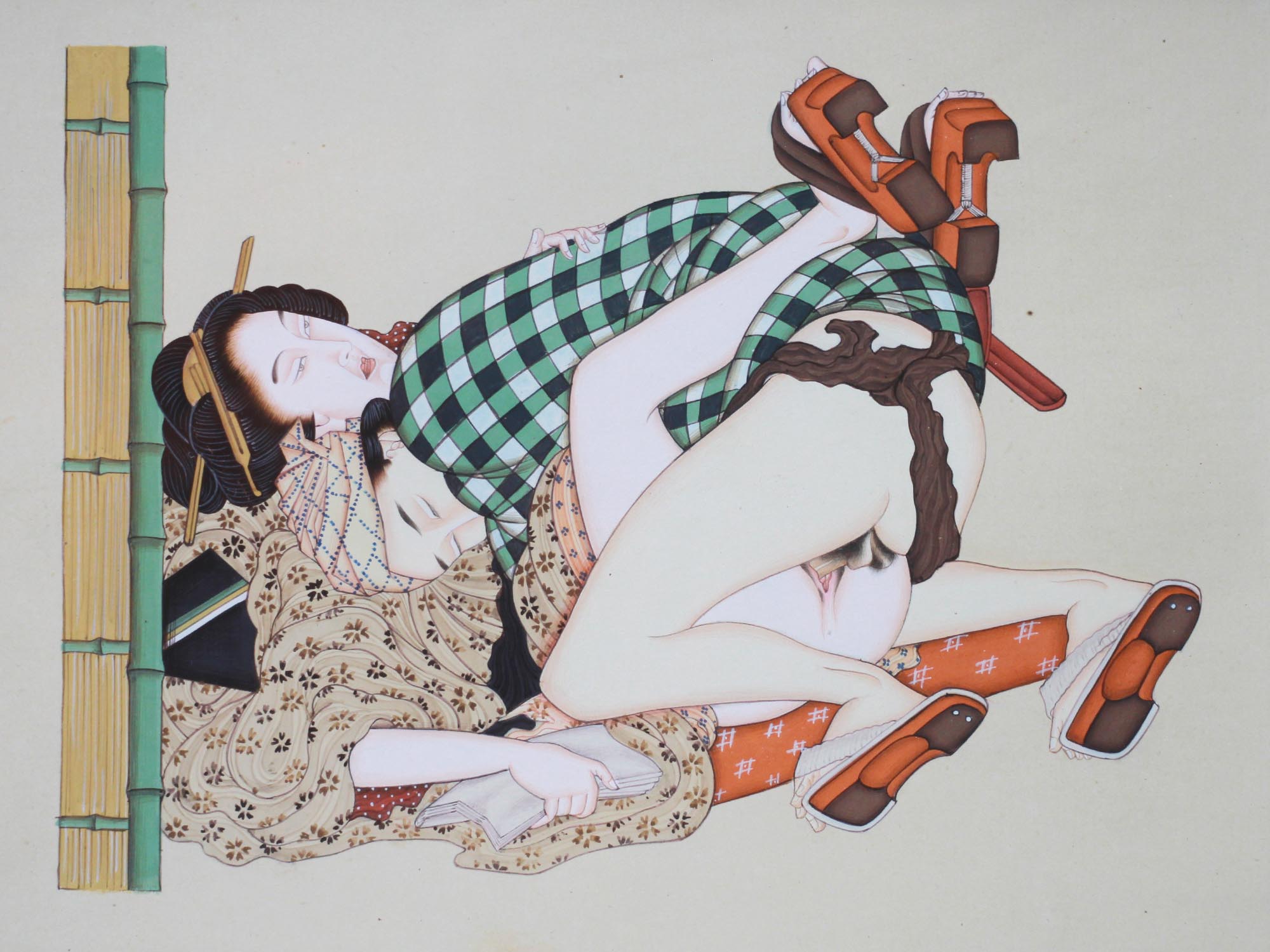 ANTIQUE JAPANESE SHUNGA WATERCOLOR PAINTING PIC-1