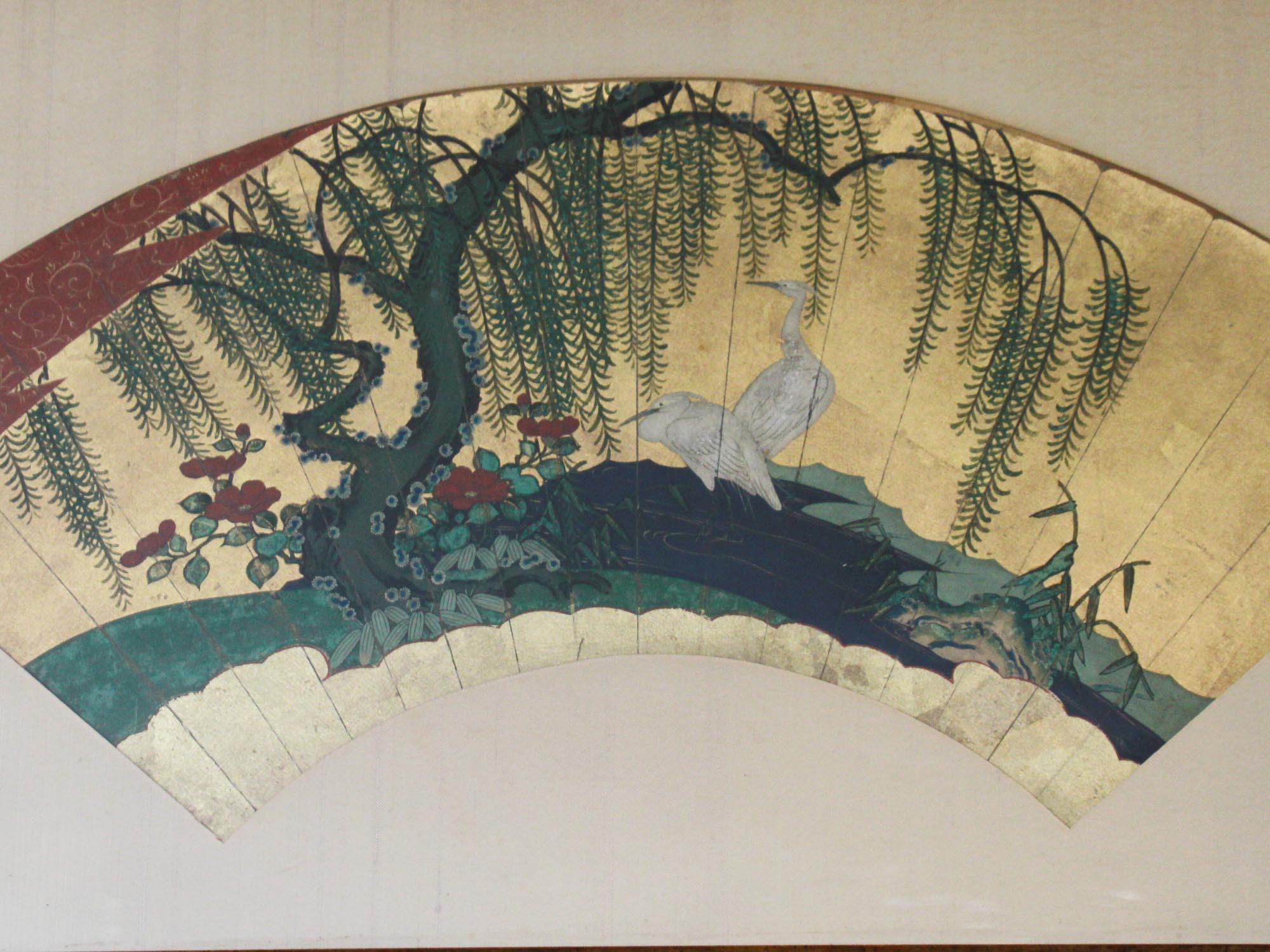 EARLY 20TH CENTURY JAPANESE FAN PAINTING CRANES PIC-1