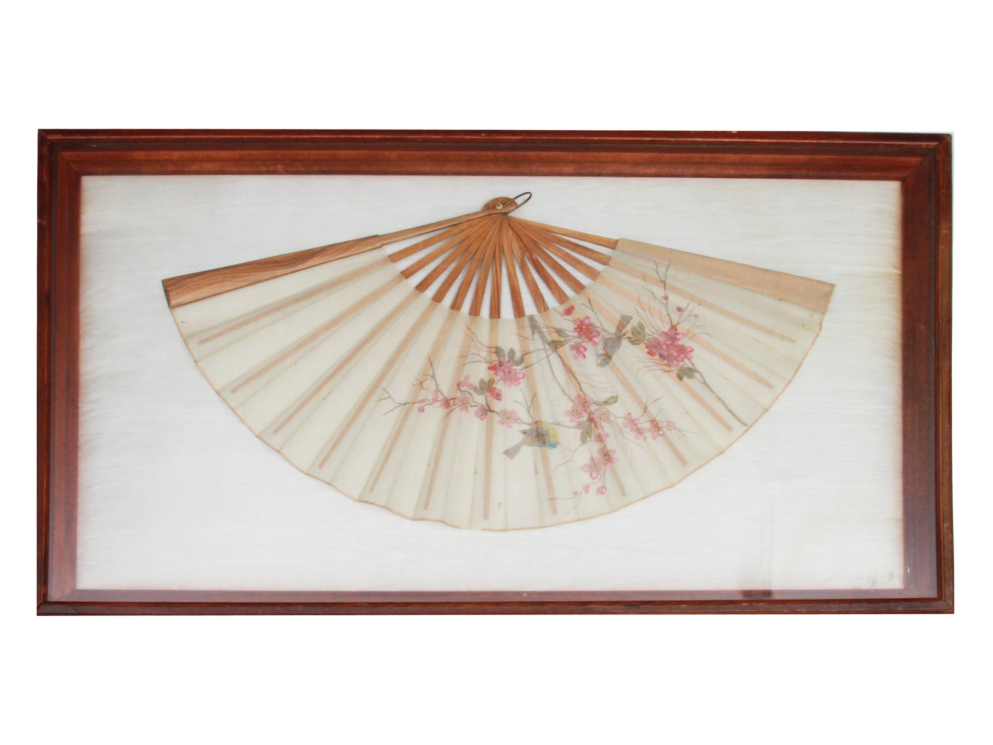 VINTAGE CHINESE WATERCOLOR FAN FLOWER BIRD FRAMED PIC-0