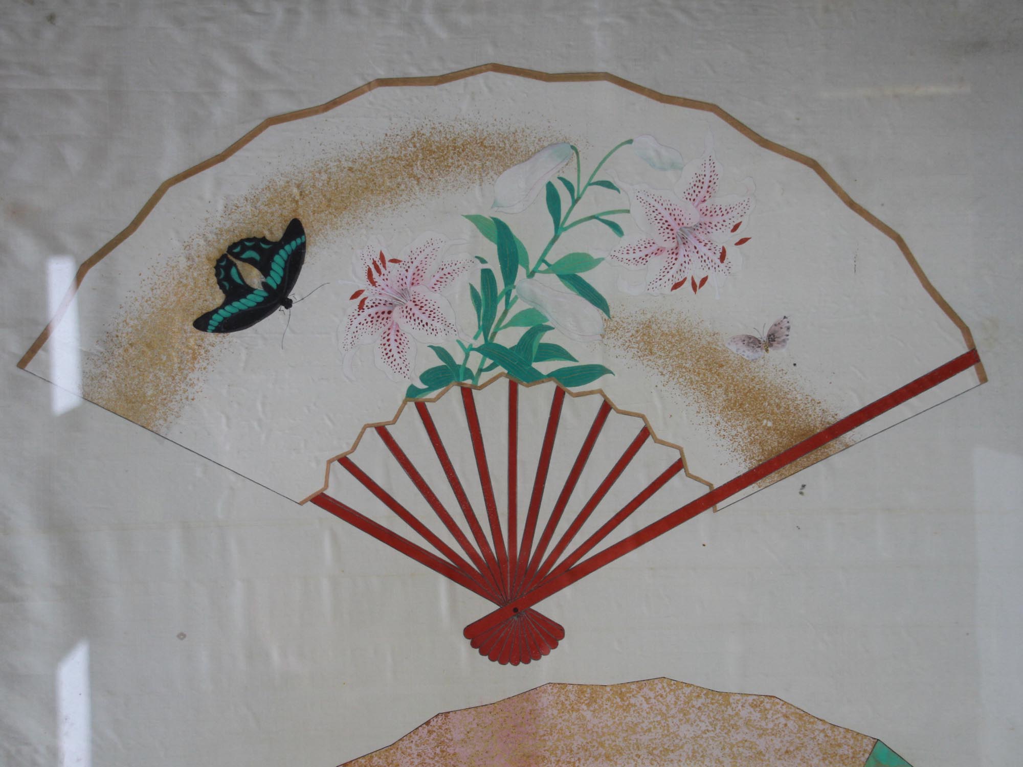 CHINESE WATERCOLOR PAINTING ON SILK FANS FRAMED PIC-2