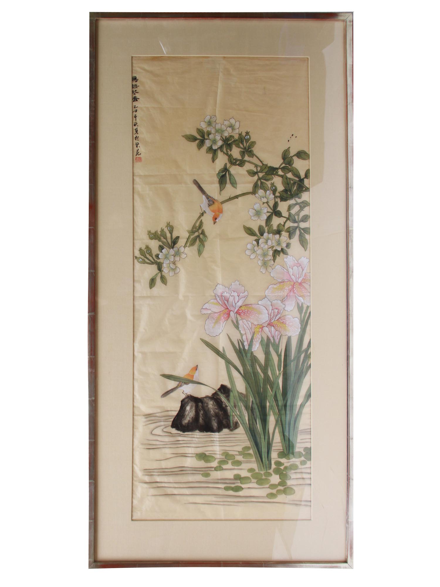 A VINTAGE CHINESE WATERCOLOR OF FLOWERS AND BIRDS PIC-0