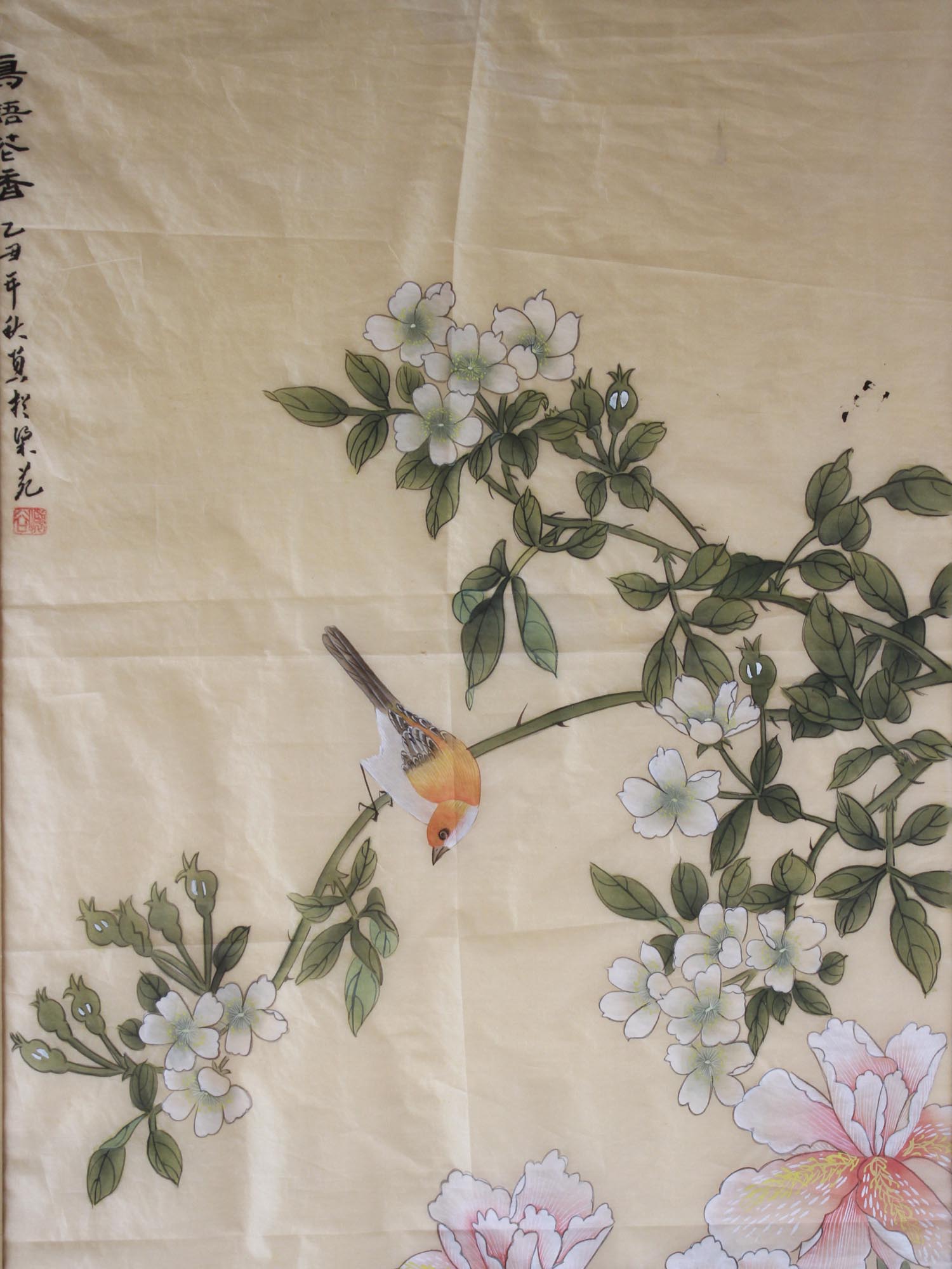 A VINTAGE CHINESE WATERCOLOR OF FLOWERS AND BIRDS PIC-2