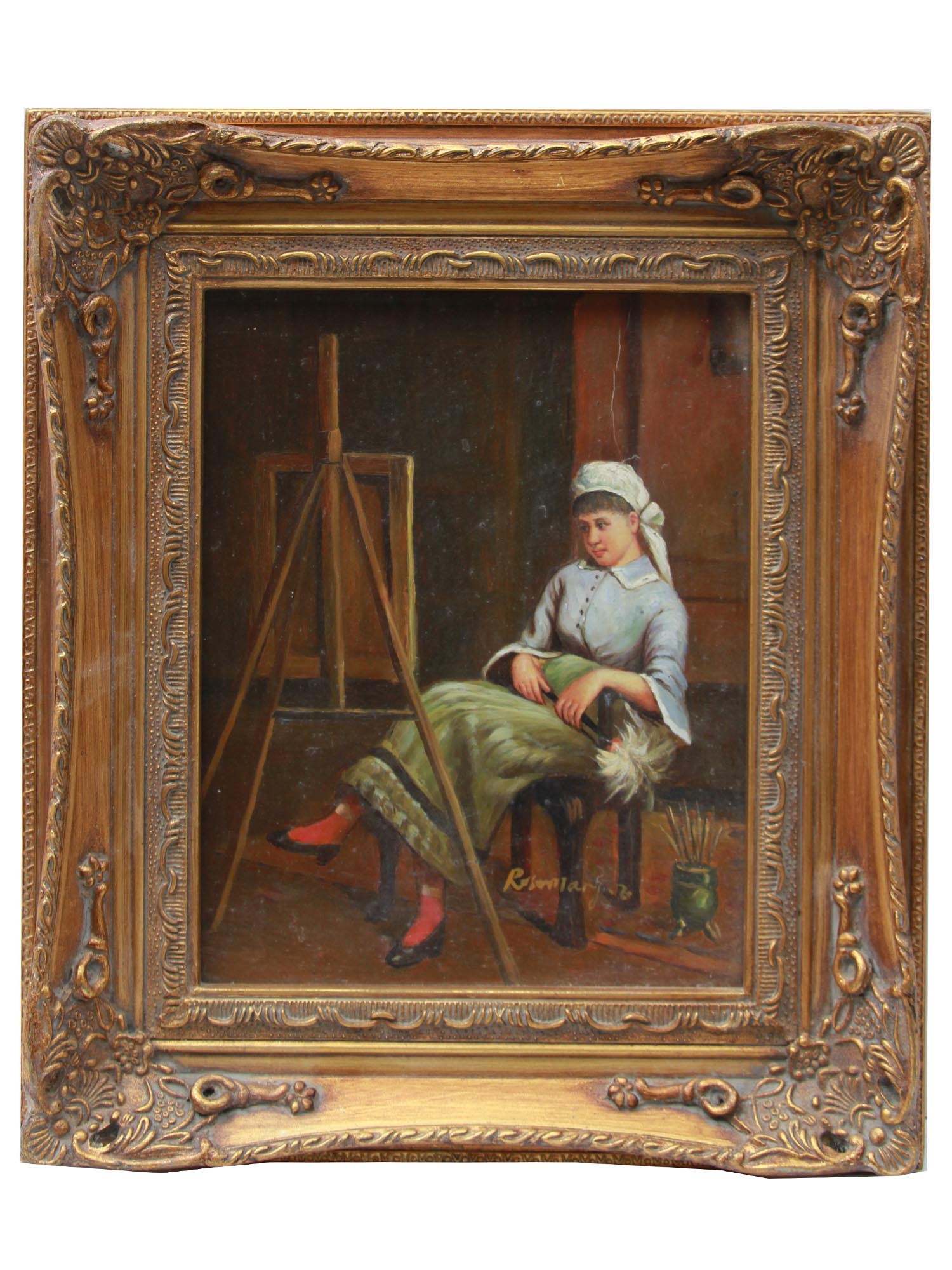 AN OIL PAINTING OF WOMAN PAINTER SIGNED BY ARTIST