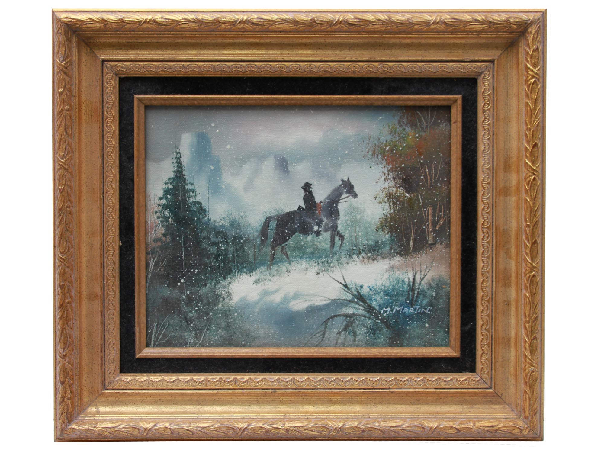 OIL PAINTING MAN RIDING HORSE SIGNED BY M MARTIN PIC-0