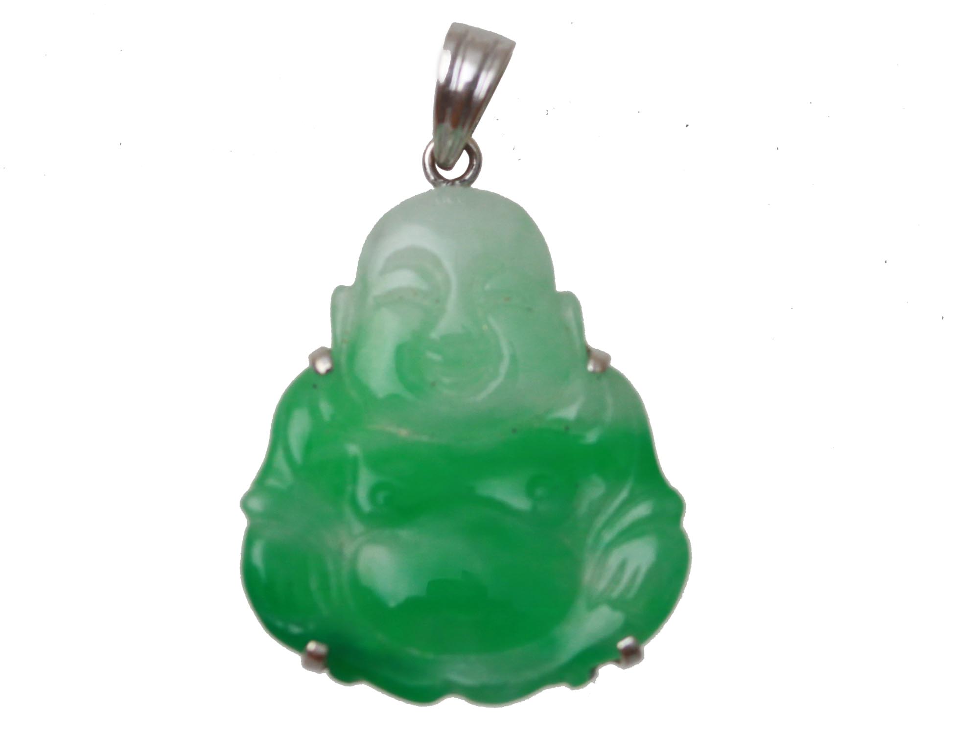 A CHINESE GREEN JADE & 18K GOLD BUDA PENDANT PIC-0