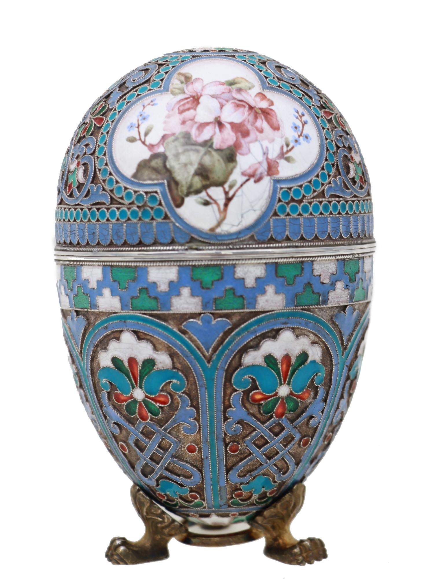 A RUSSIAN EASTER EGG GILT SILVER ENAMEL CLOISONNE PIC-0