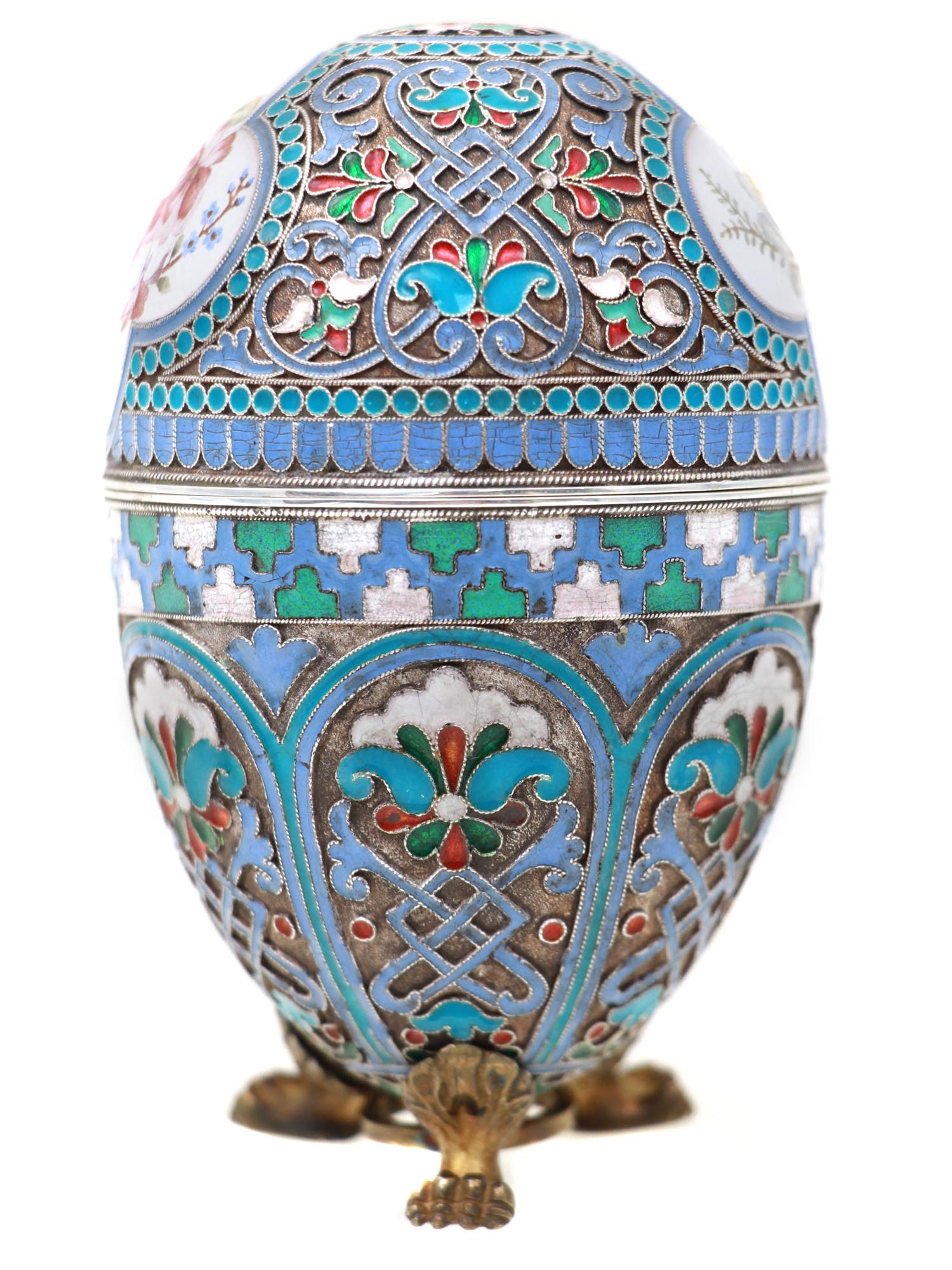 A RUSSIAN EASTER EGG GILT SILVER ENAMEL CLOISONNE PIC-1