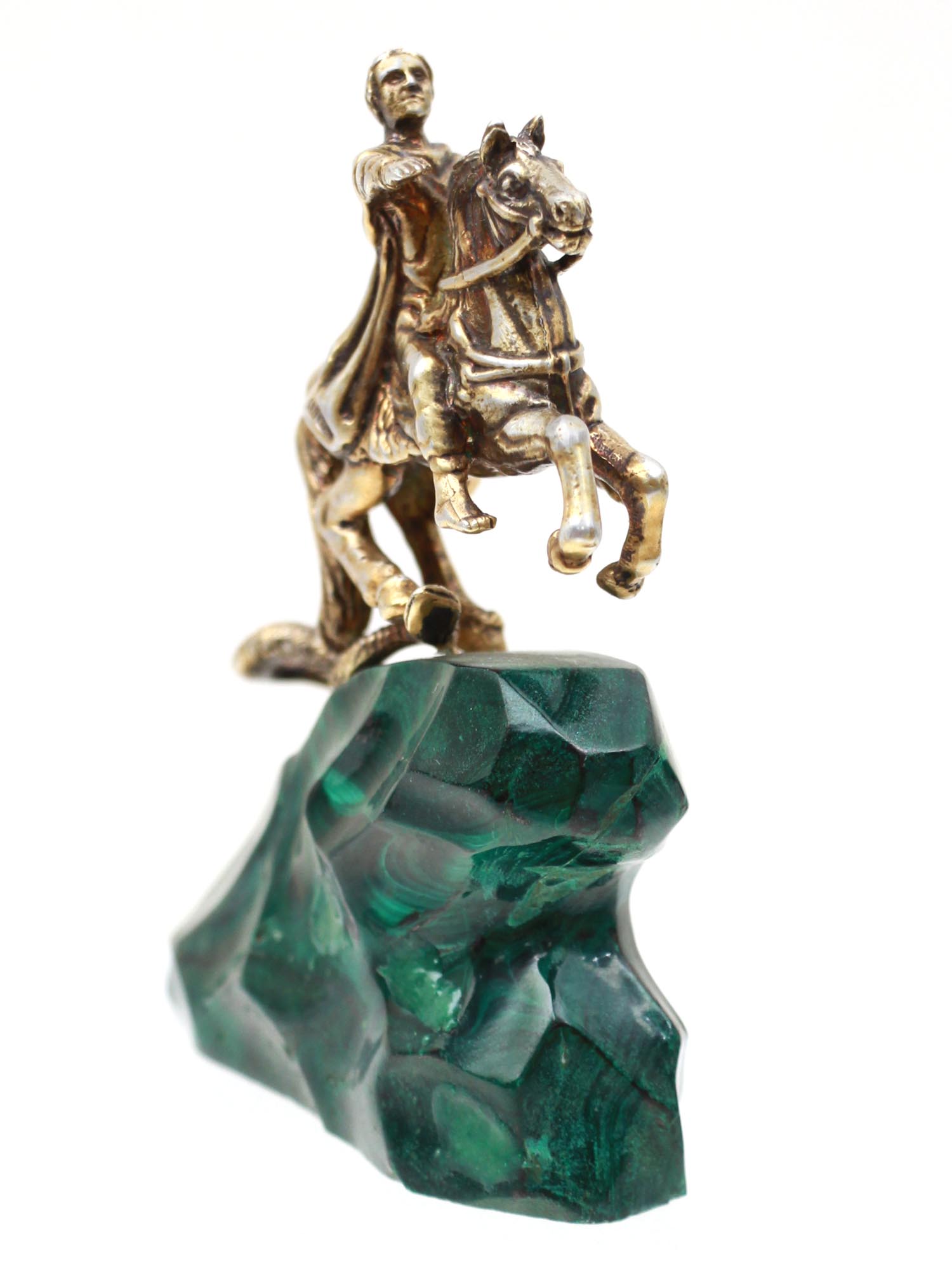 RUSSIAN GILT SILVER AND MALACHITE STATUE PETER I PIC-1