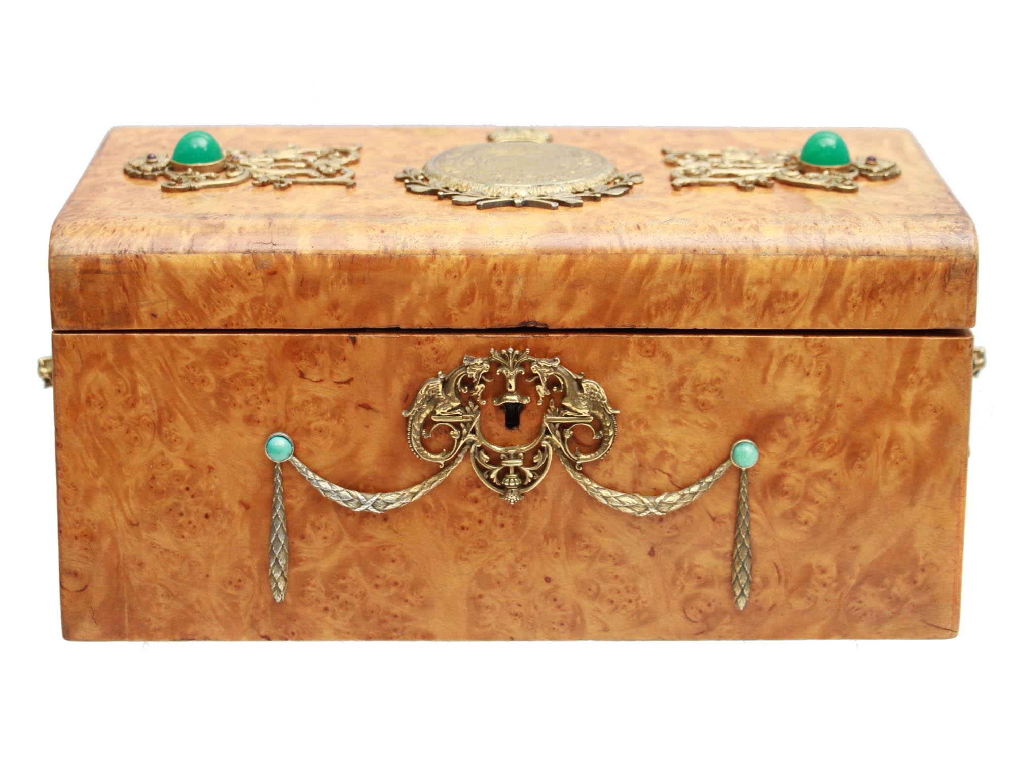 RUSSIAN KARELIAN BIRCH BOX WITH SILVER AND STONES PIC-0