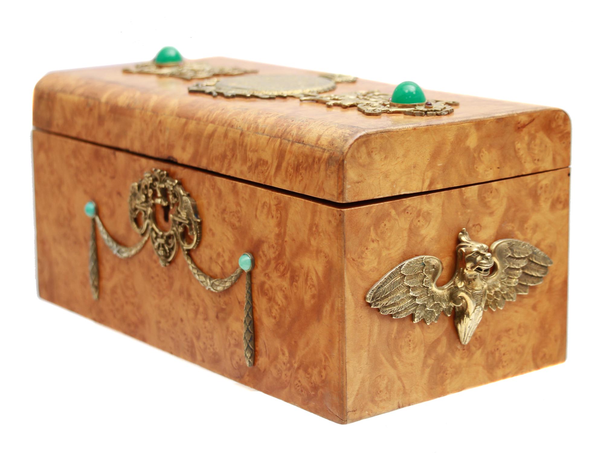 RUSSIAN KARELIAN BIRCH BOX WITH SILVER AND STONES PIC-1