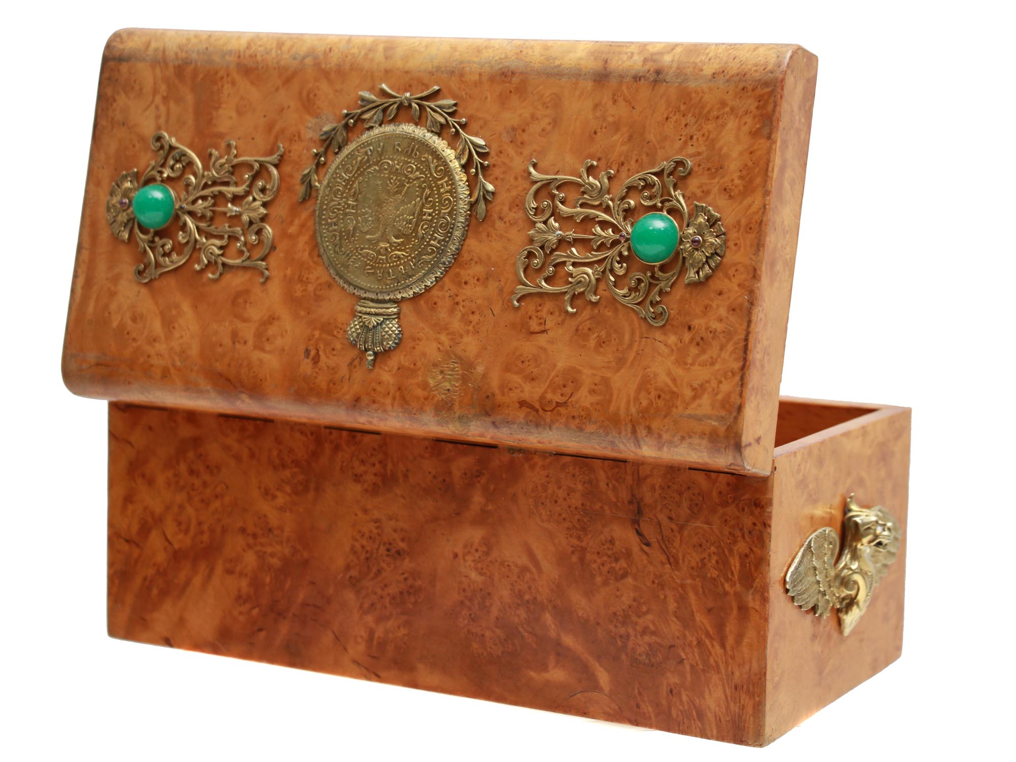 RUSSIAN KARELIAN BIRCH BOX WITH SILVER AND STONES PIC-3