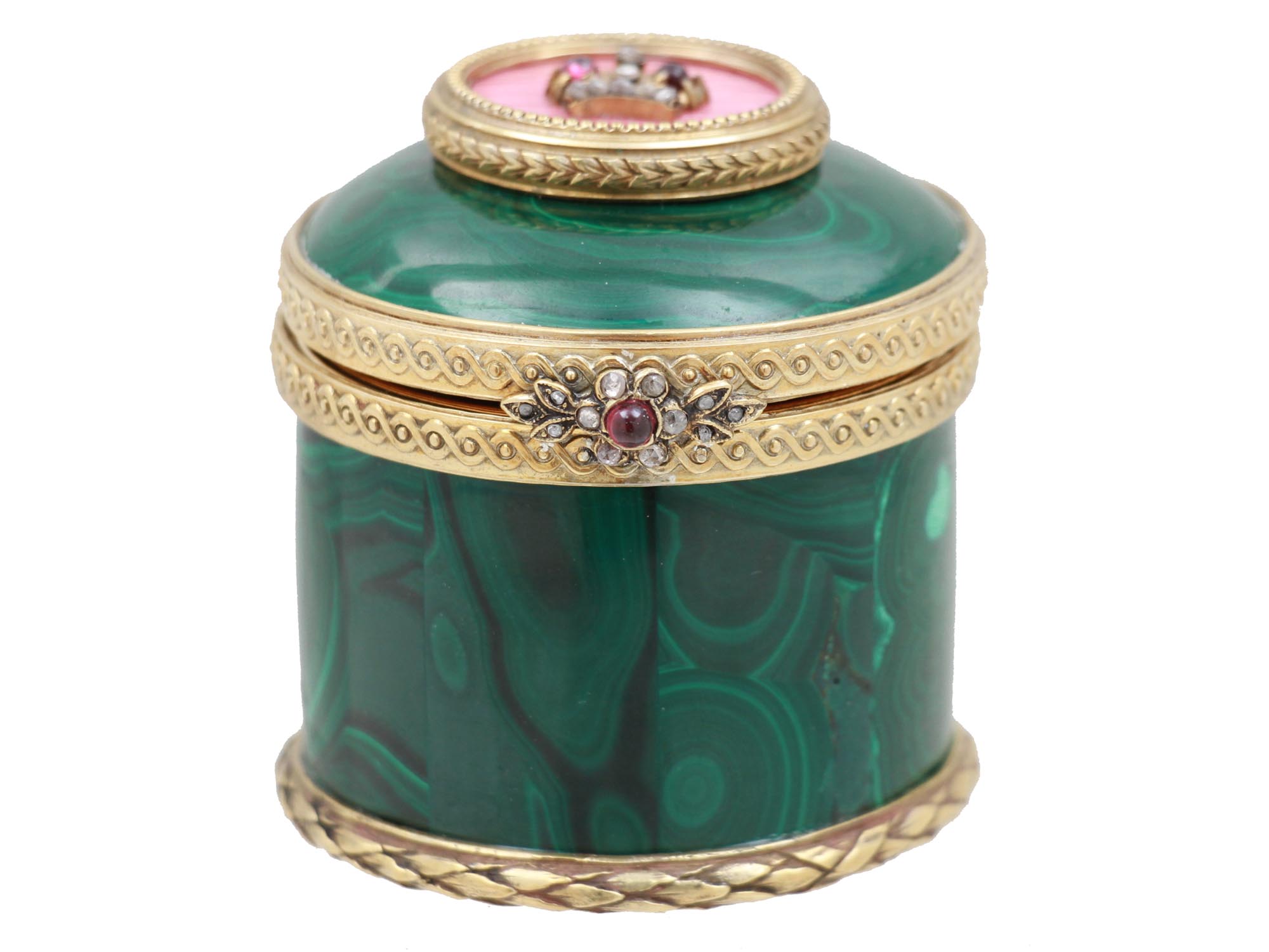 RUSSIAN GILT SILVER MALACHITE & ENAMEL LIDDED BOX PIC-0