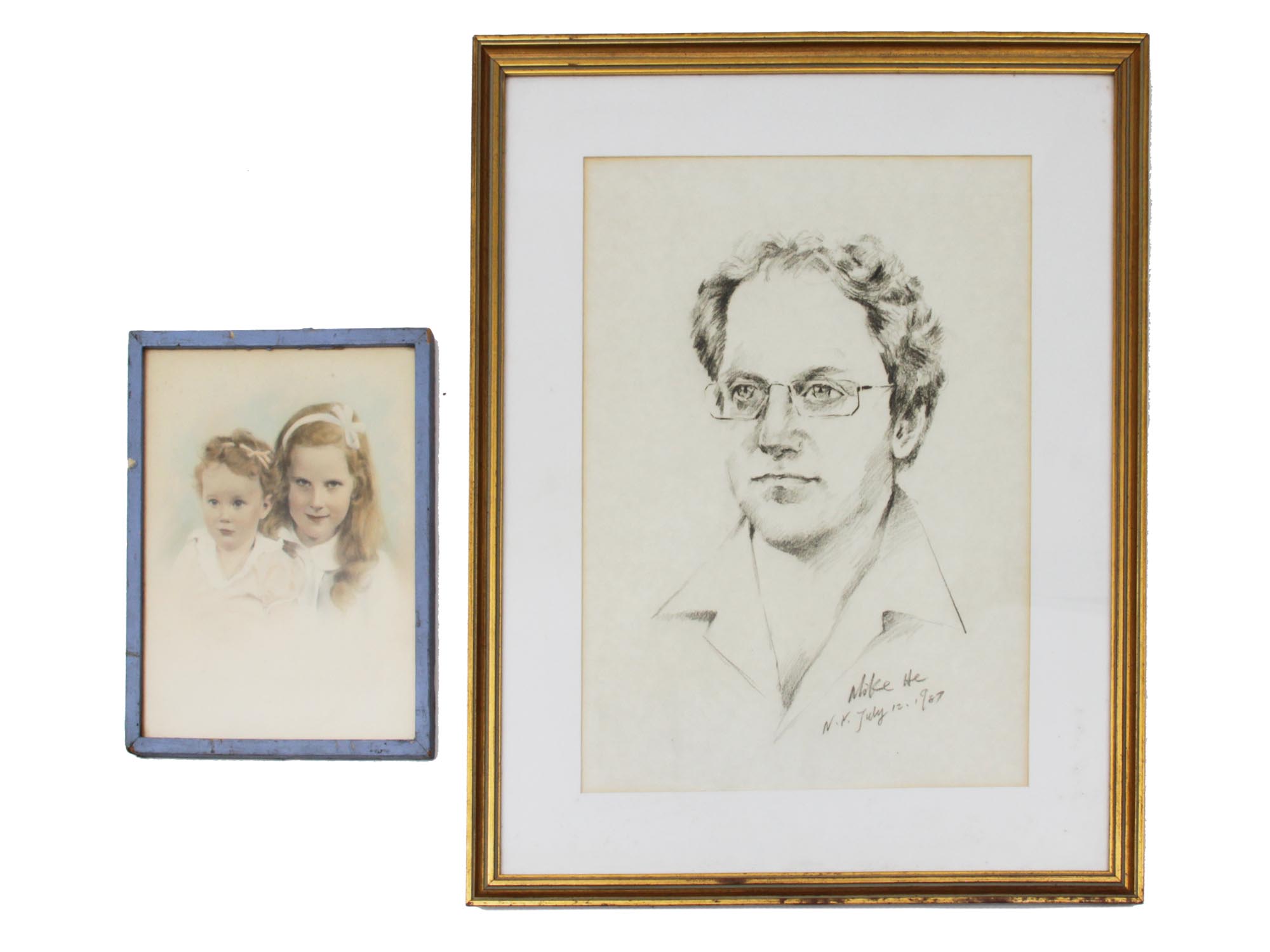 PAIR OF VINTAGE PORTRAITS PAINTINGS MAN TWO GIRLS PIC-0