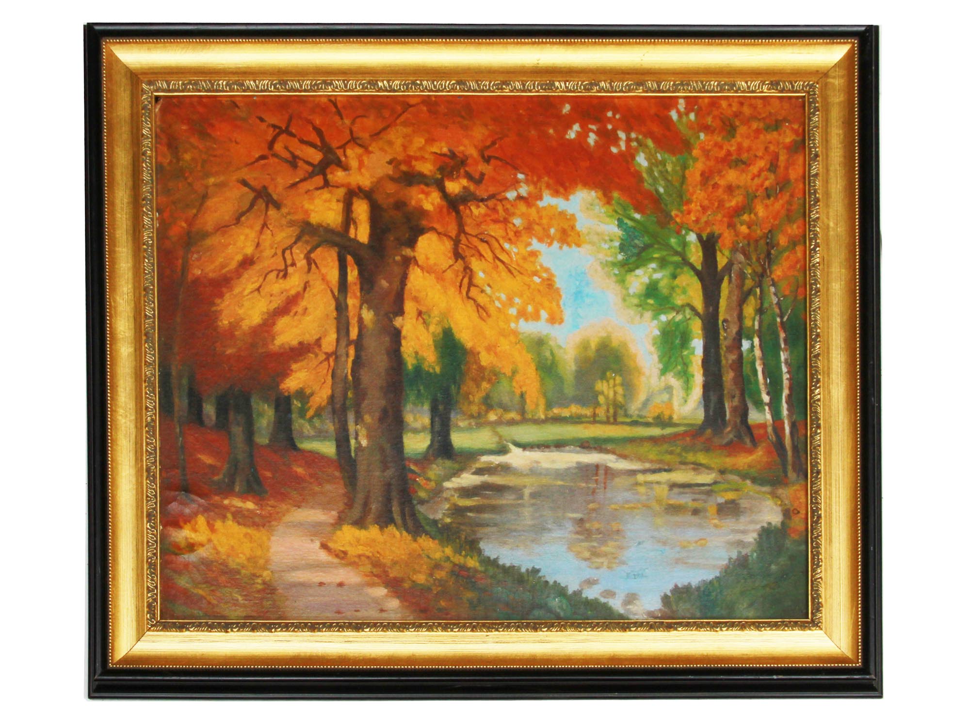 AN OIL ON CANVAS PAINTING WITH AUTUMN LANDSCAPE PIC-0