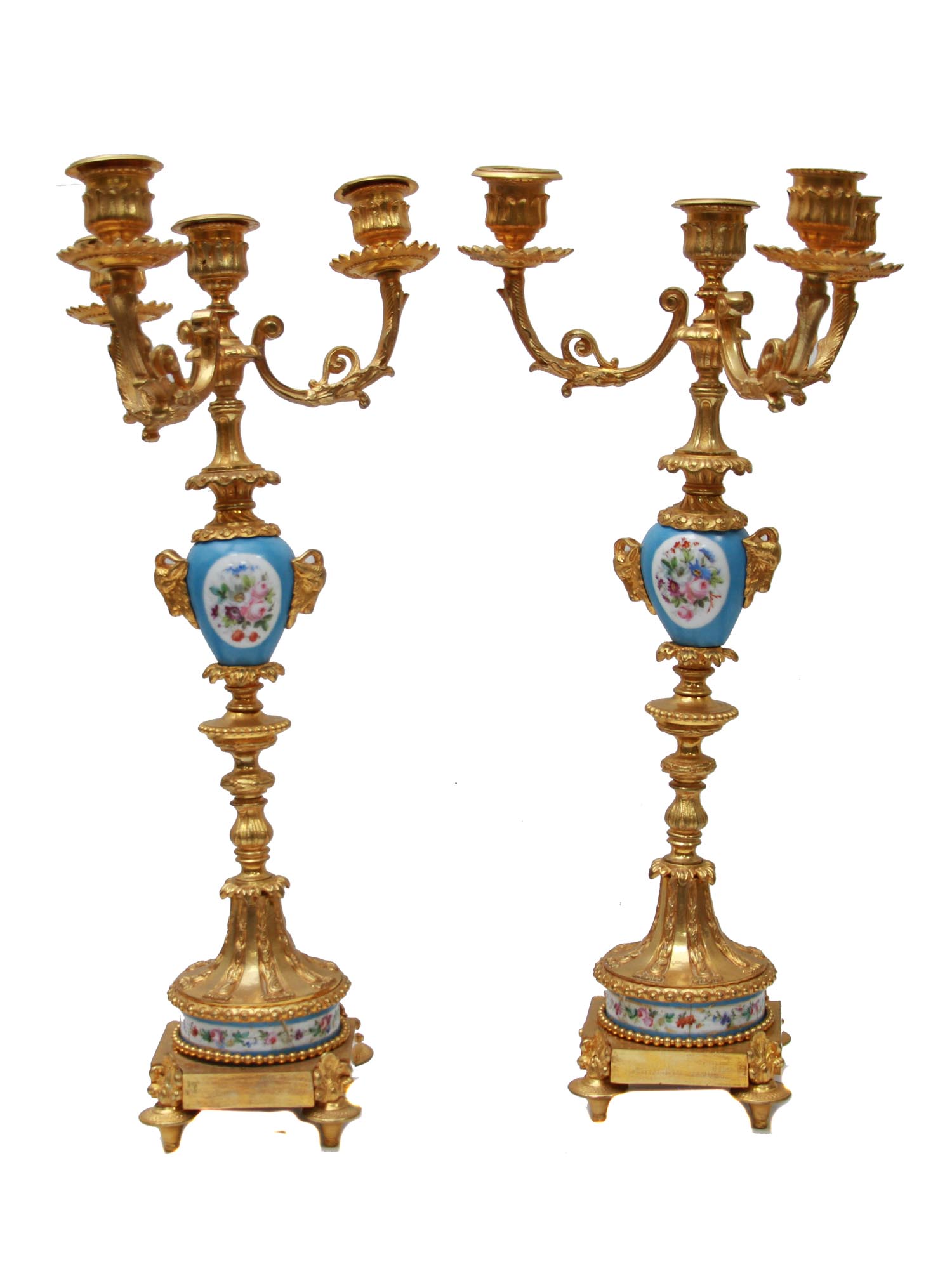 AN ANTIQUE GILD BRONZE & PORCELAIN CANDLE HOLDERS PIC-0