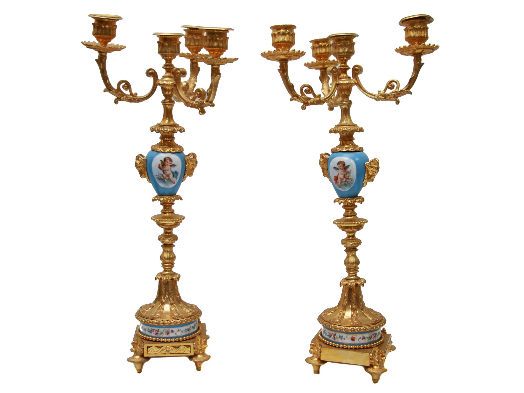 AN ANTIQUE GILD BRONZE & PORCELAIN CANDLE HOLDERS PIC-1