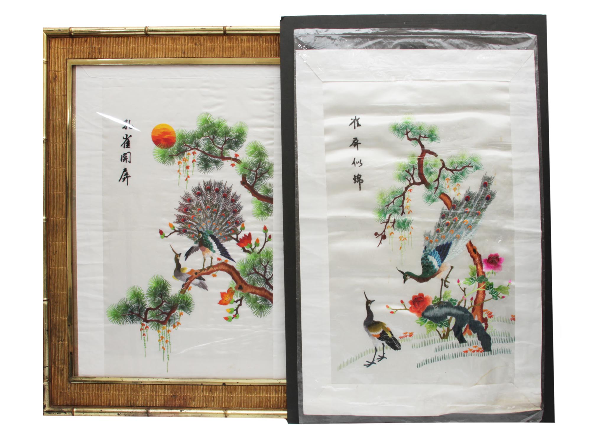 CHINESE PAIR OF SILK COLORED EMBROIDERY PEACOCKS PIC-0