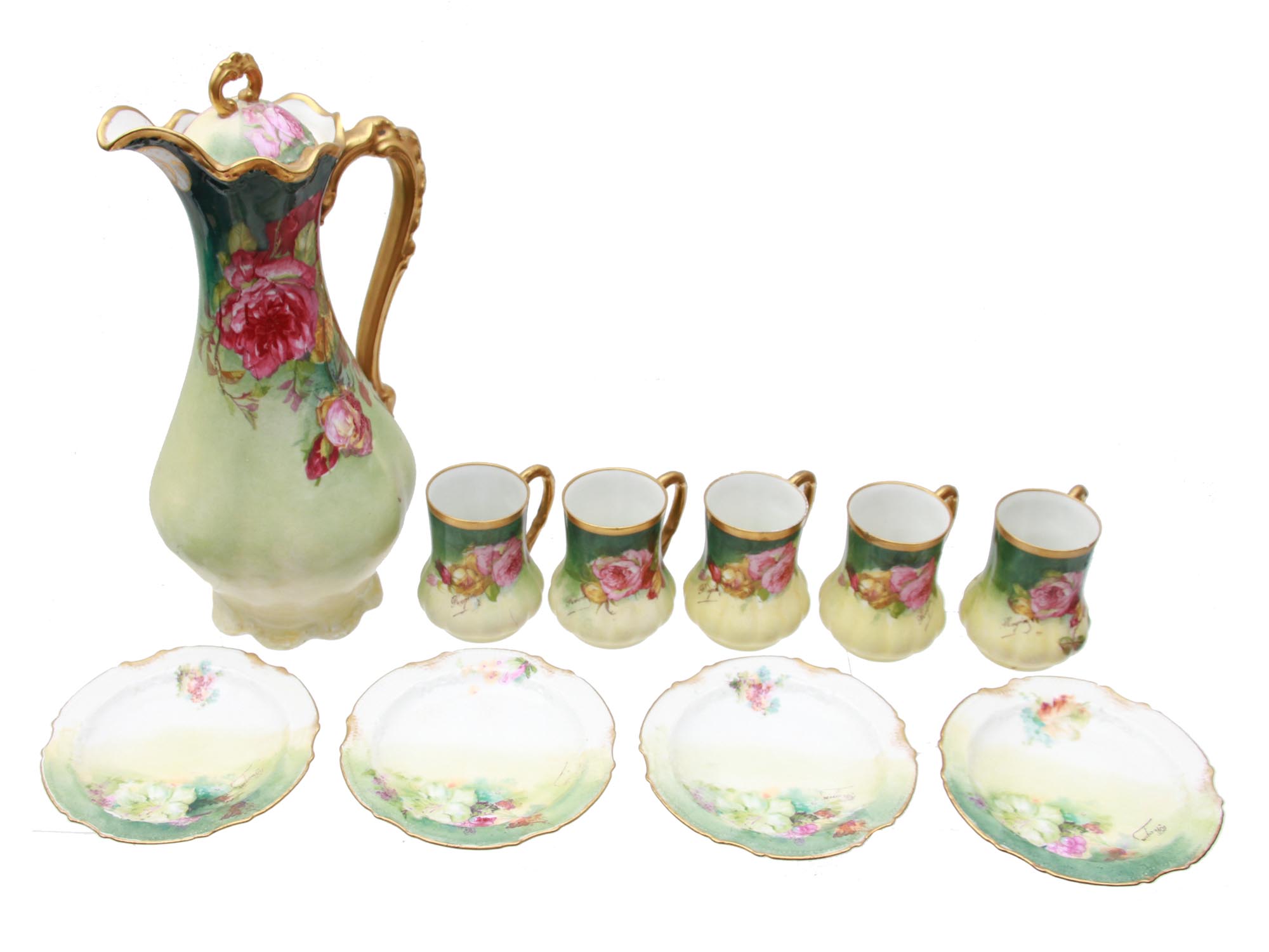A FRENCH LIMOGES PORCELAIN FLORAL CHOCOLATE SET PIC-0