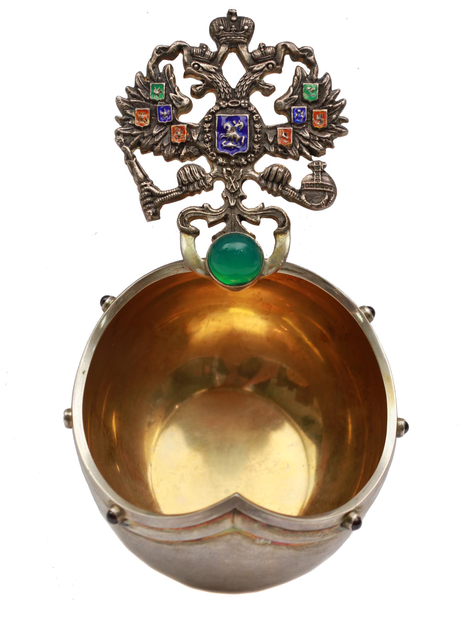 RUSSIAN GILT SILVER & ENAMEL KOVSH W EAGLE HANDLE PIC-4