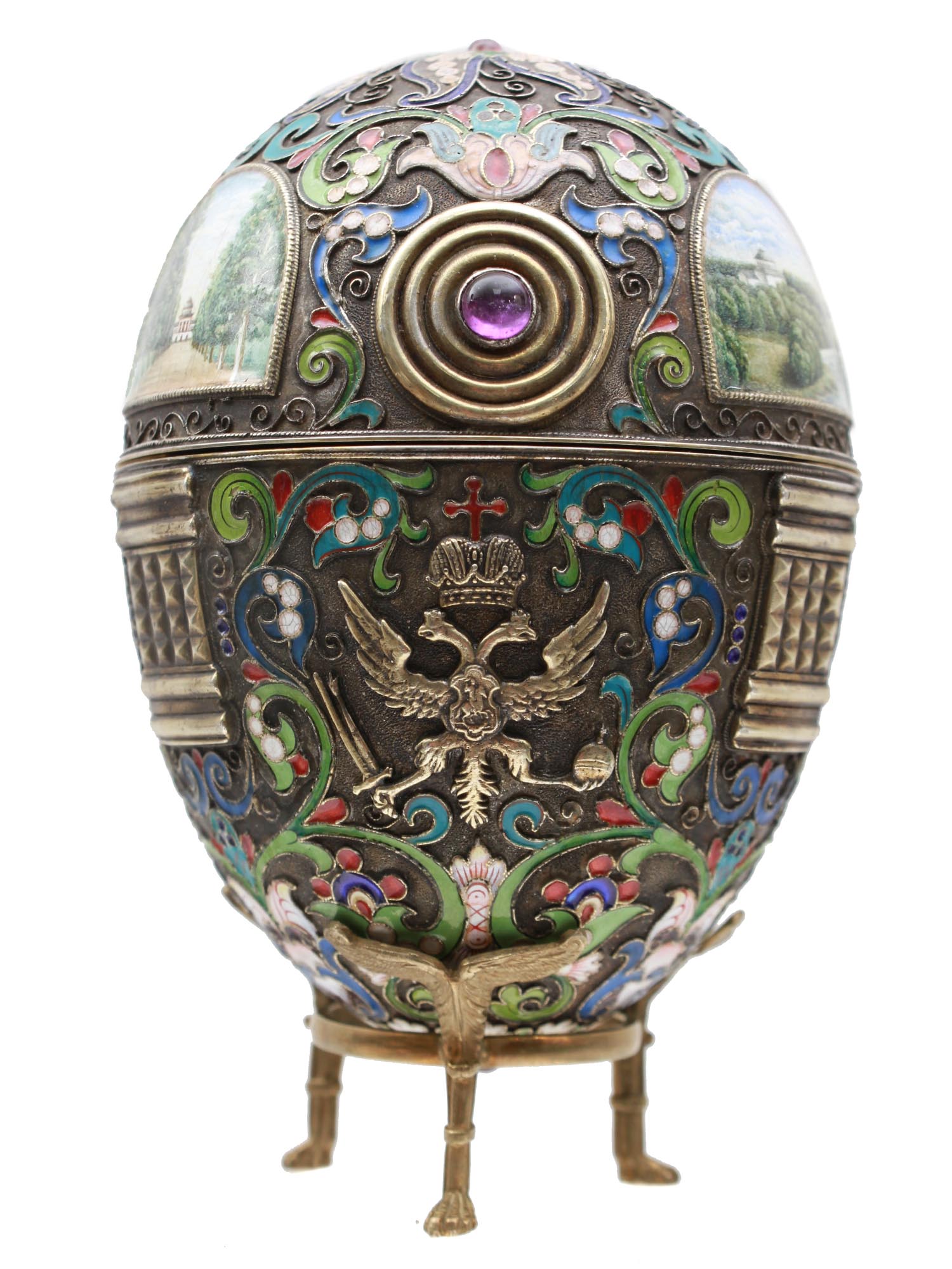 A LARGE XL RUSSIAN SILVER & ENAMEL EGG WITH STAND PIC-0