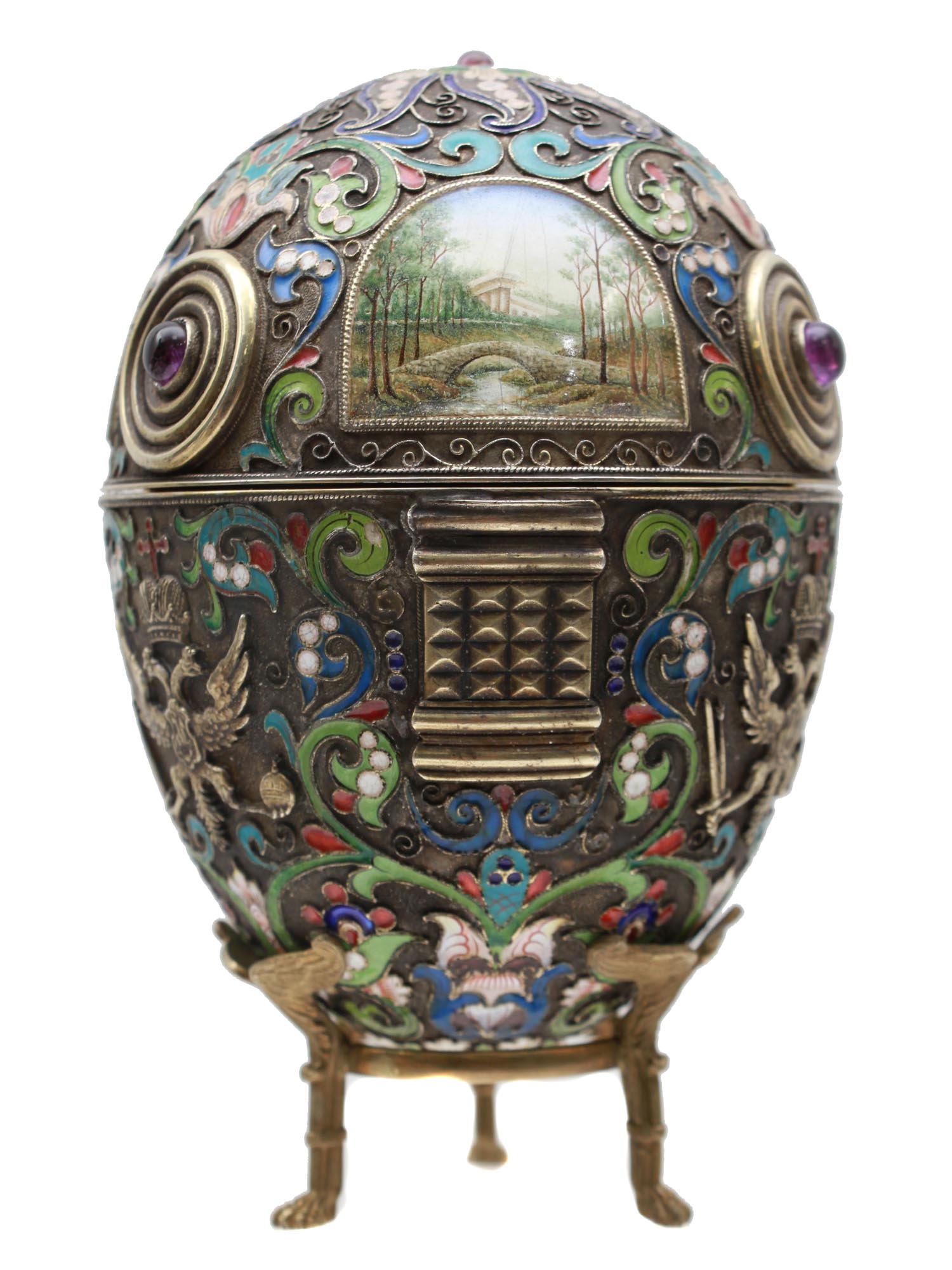 A LARGE XL RUSSIAN SILVER & ENAMEL EGG WITH STAND PIC-1