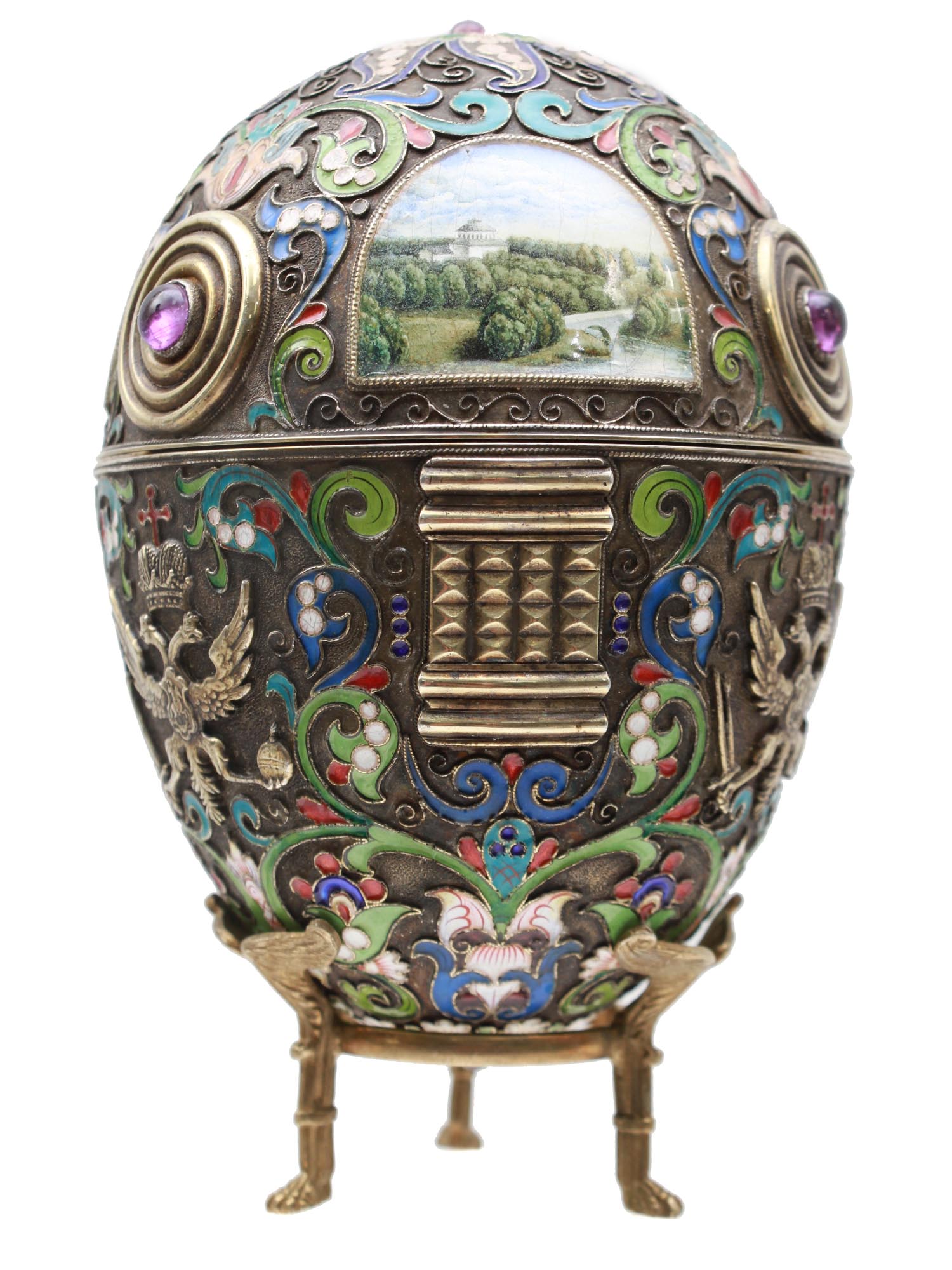 A LARGE XL RUSSIAN SILVER & ENAMEL EGG WITH STAND PIC-2