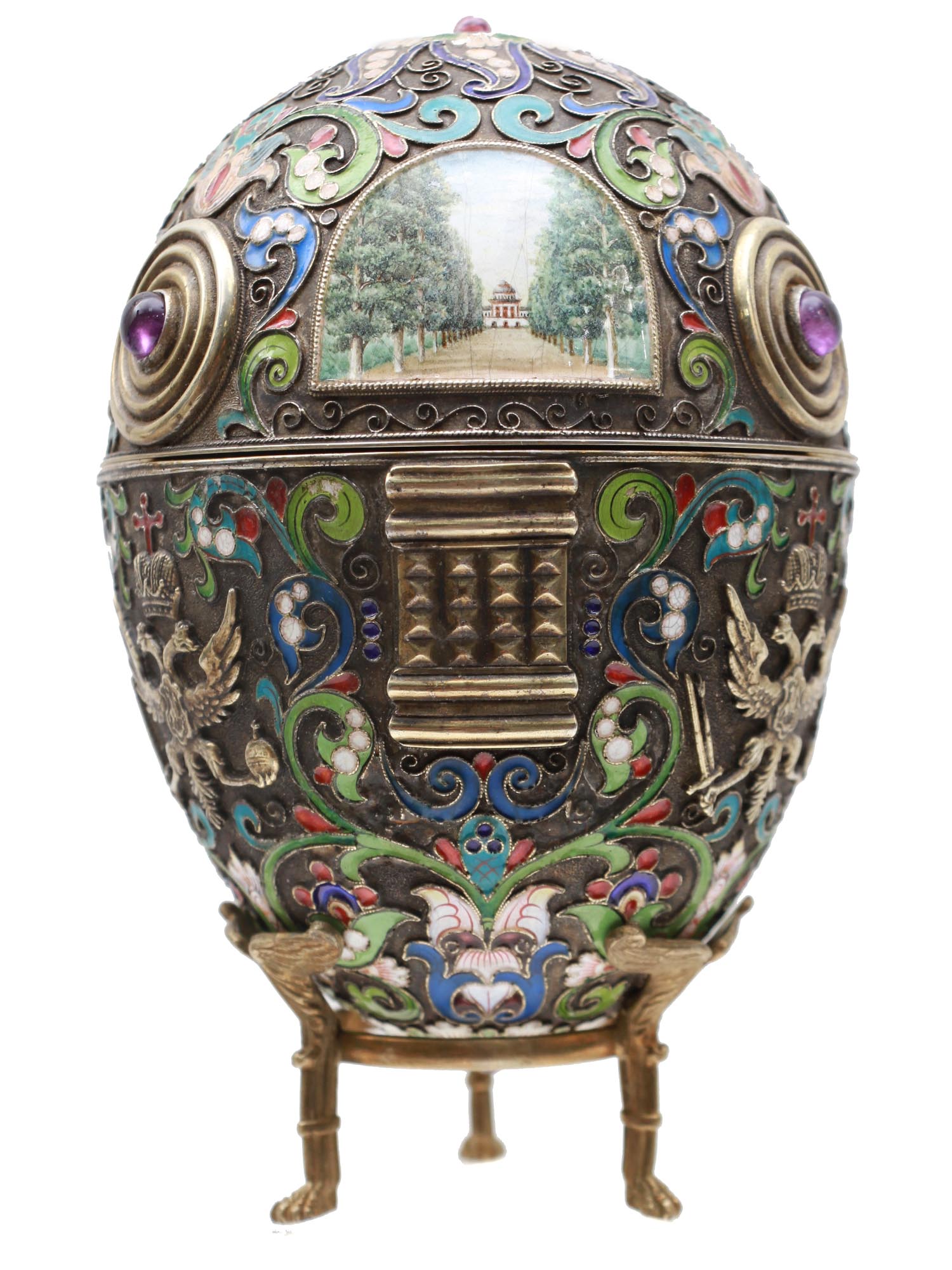 A LARGE XL RUSSIAN SILVER & ENAMEL EGG WITH STAND PIC-3