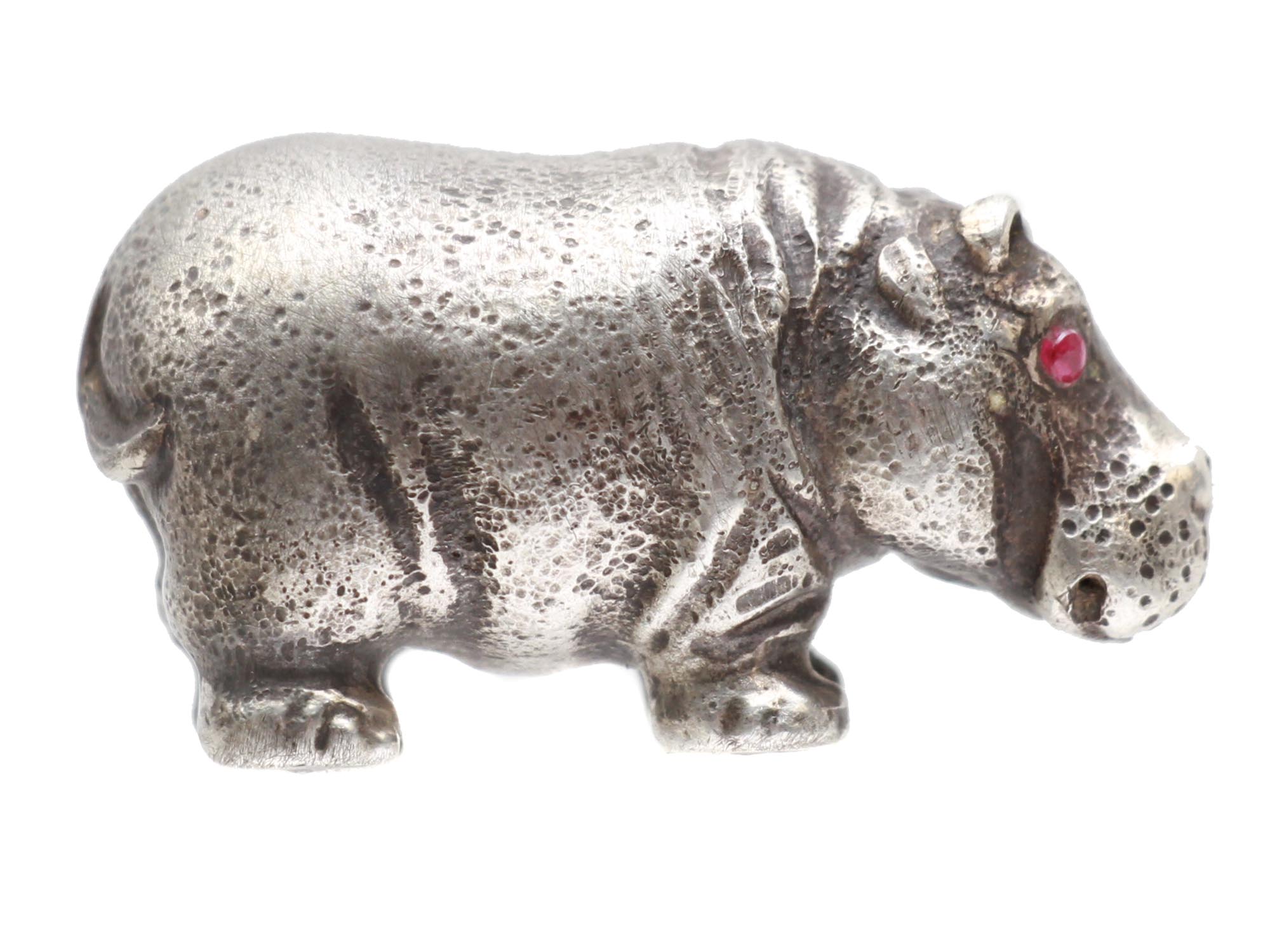 RUSSIAN SILVER HIPPOPOTAMUS FIGURINE W RUBY EYES PIC-1