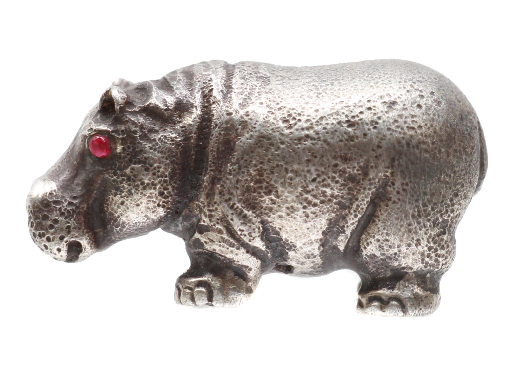 RUSSIAN SILVER HIPPOPOTAMUS FIGURINE W RUBY EYES PIC-2