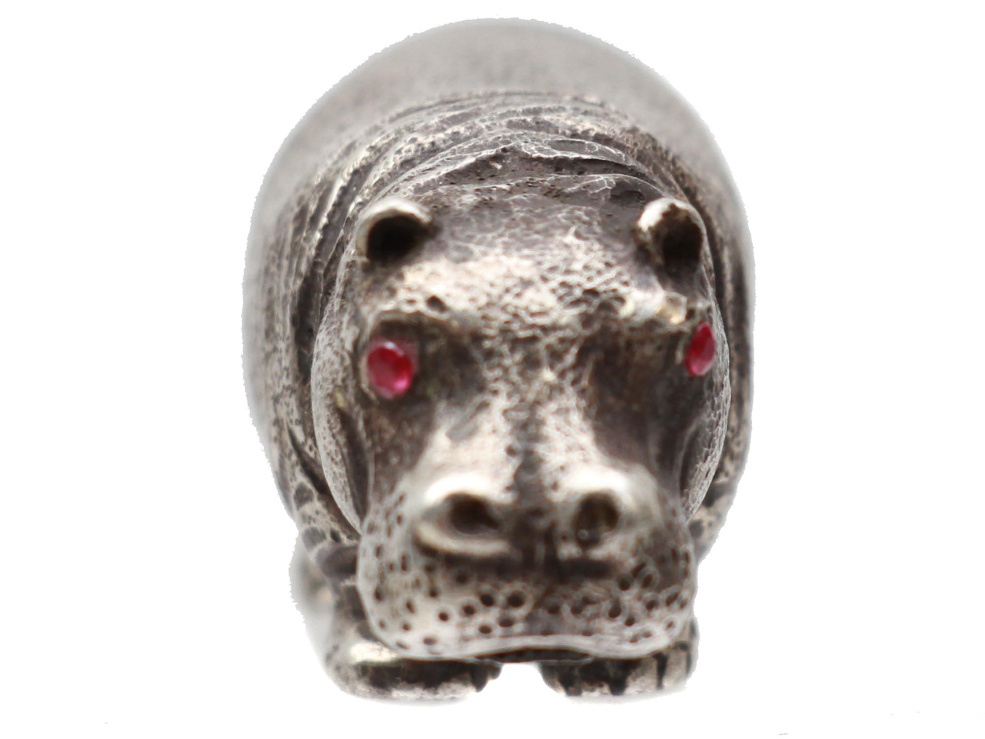 RUSSIAN SILVER HIPPOPOTAMUS FIGURINE W RUBY EYES PIC-3