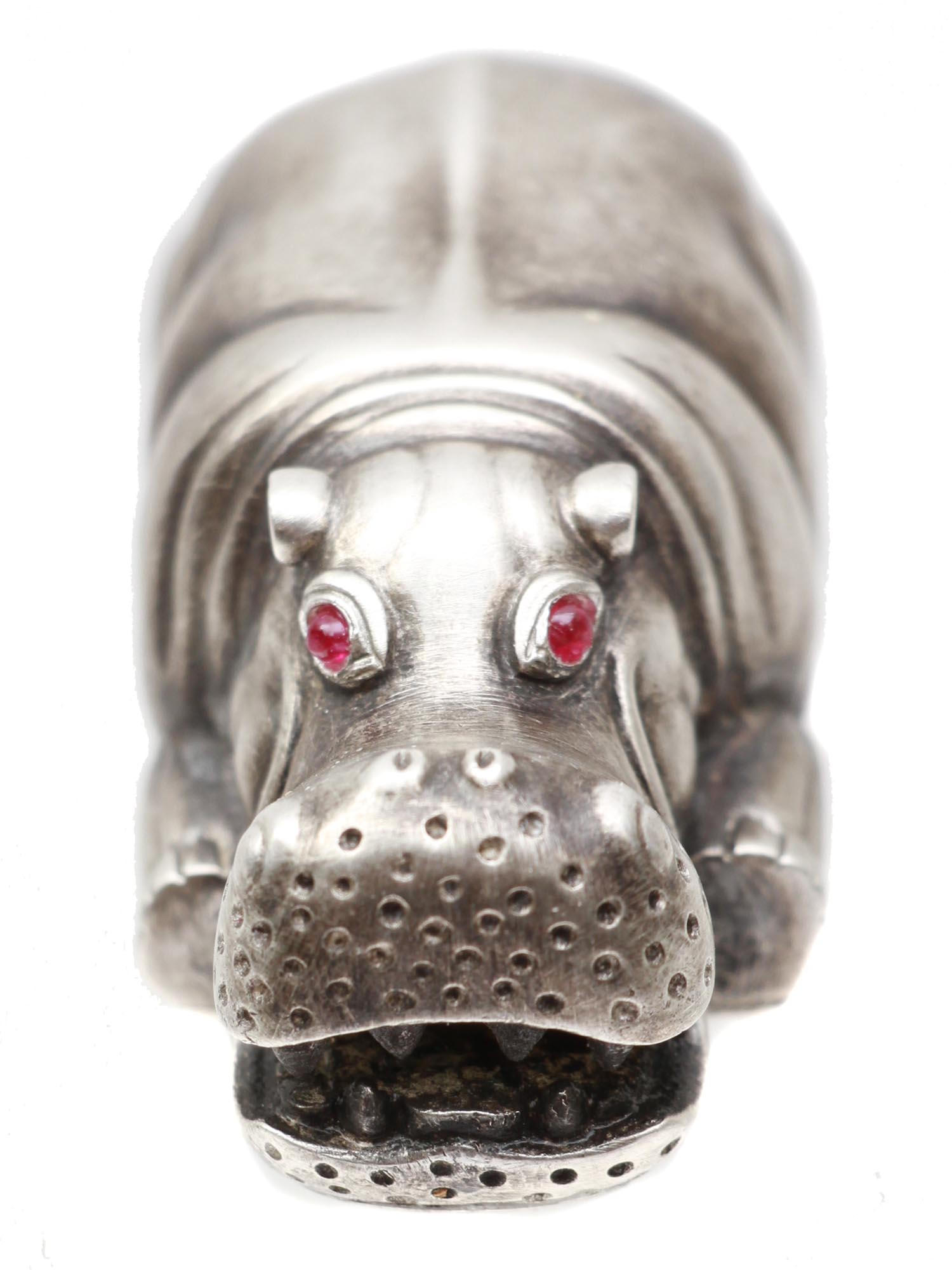 RUSSIAN SILVER HIPPOPOTAMUS FIGURINE W RUBY EYES PIC-1