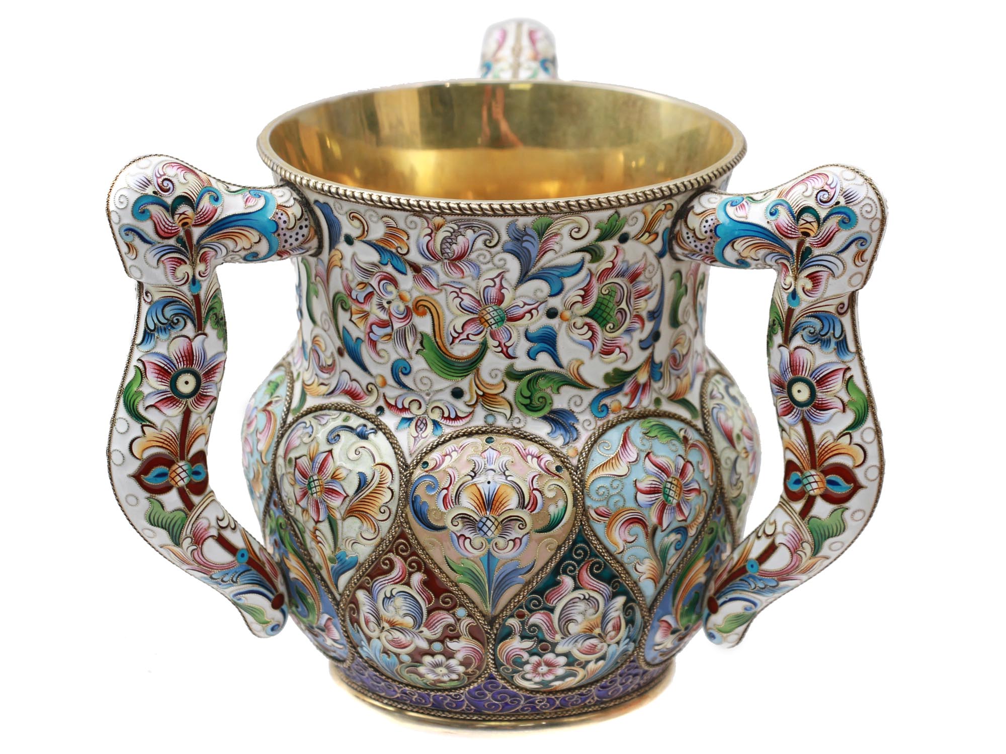 RUSSIAN GILT SILVER AND ENAMEL THREE HANDLED CUP PIC-0