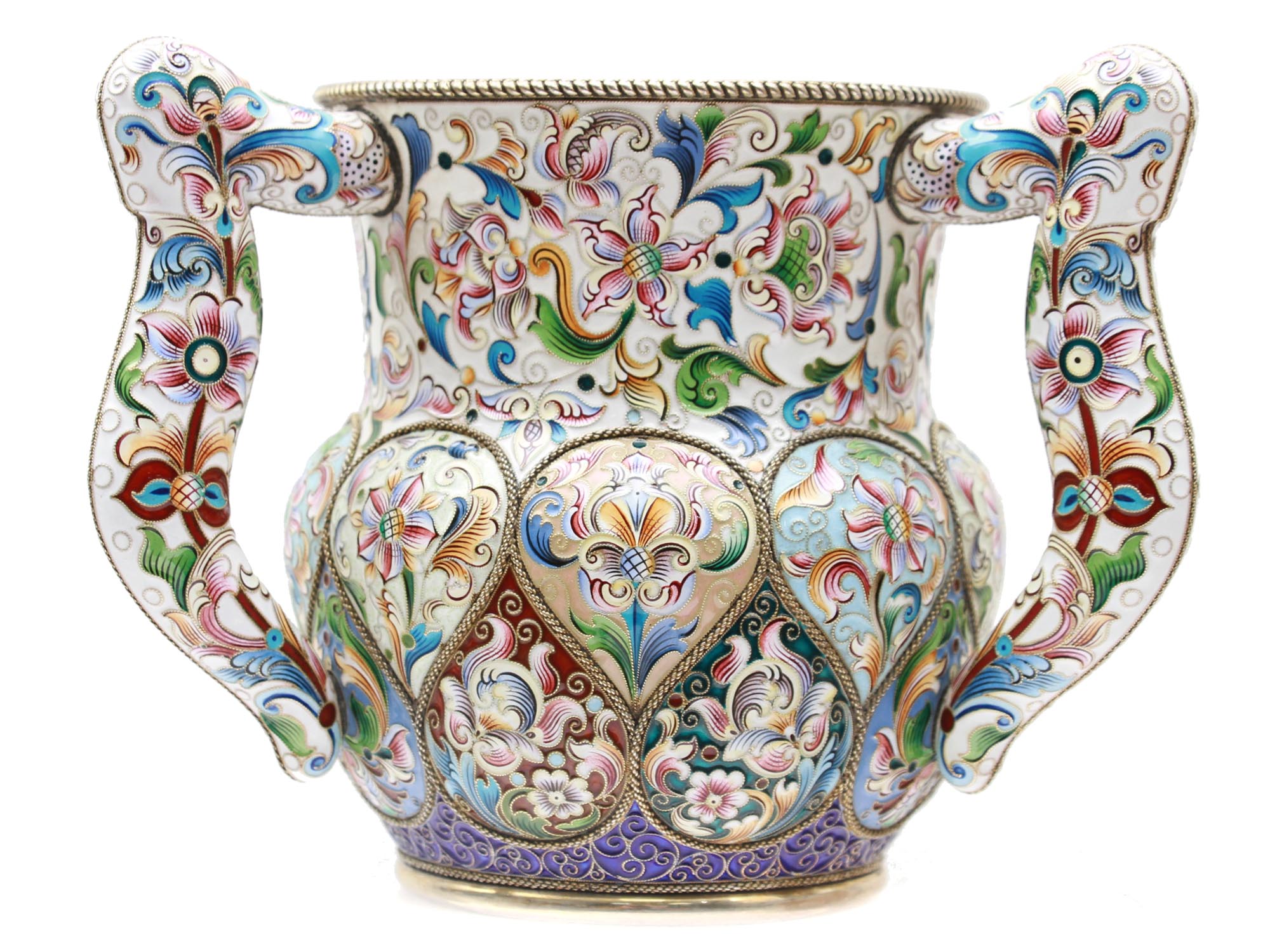 RUSSIAN GILT SILVER AND ENAMEL THREE HANDLED CUP PIC-2