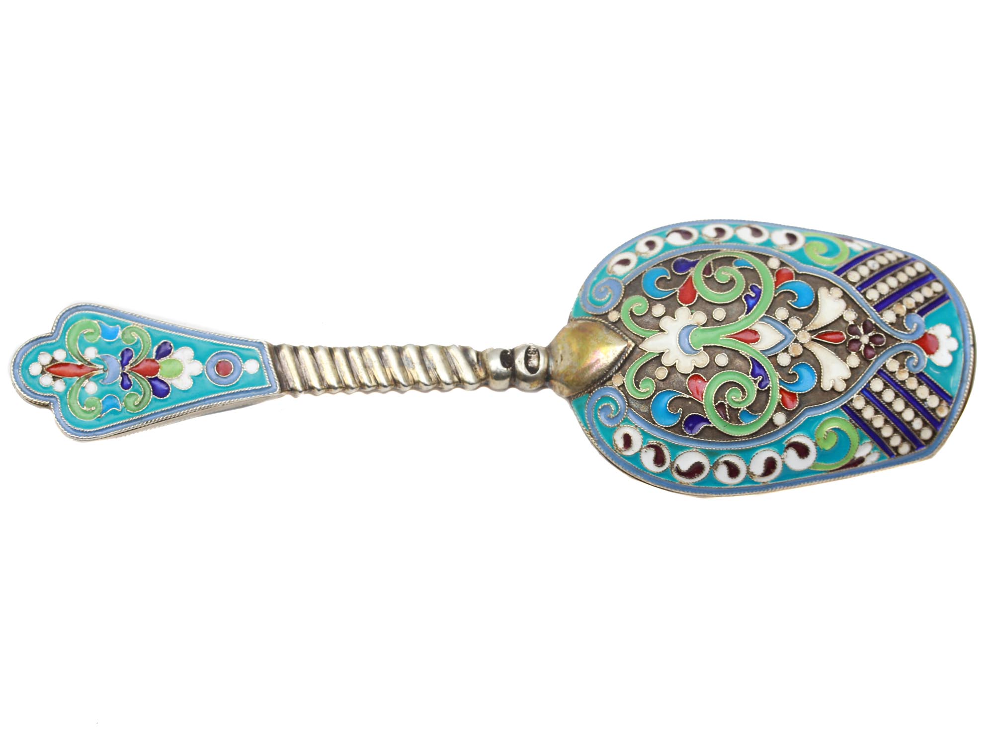 A RUSSIAN GILT SILVER AND ENAMEL SUGAR SPOON PIC-0