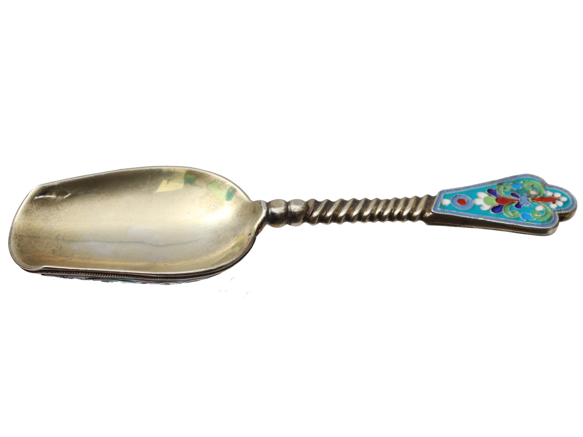 A RUSSIAN GILT SILVER AND ENAMEL SUGAR SPOON PIC-1