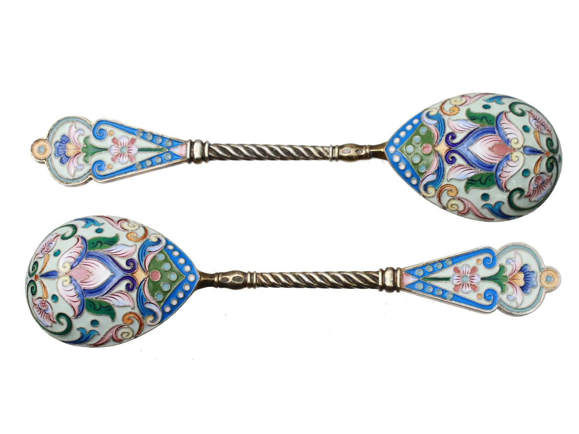 TWO RUSSIAN GILT SILVER & CLOISONNE ENAMEL SPOONS PIC-0