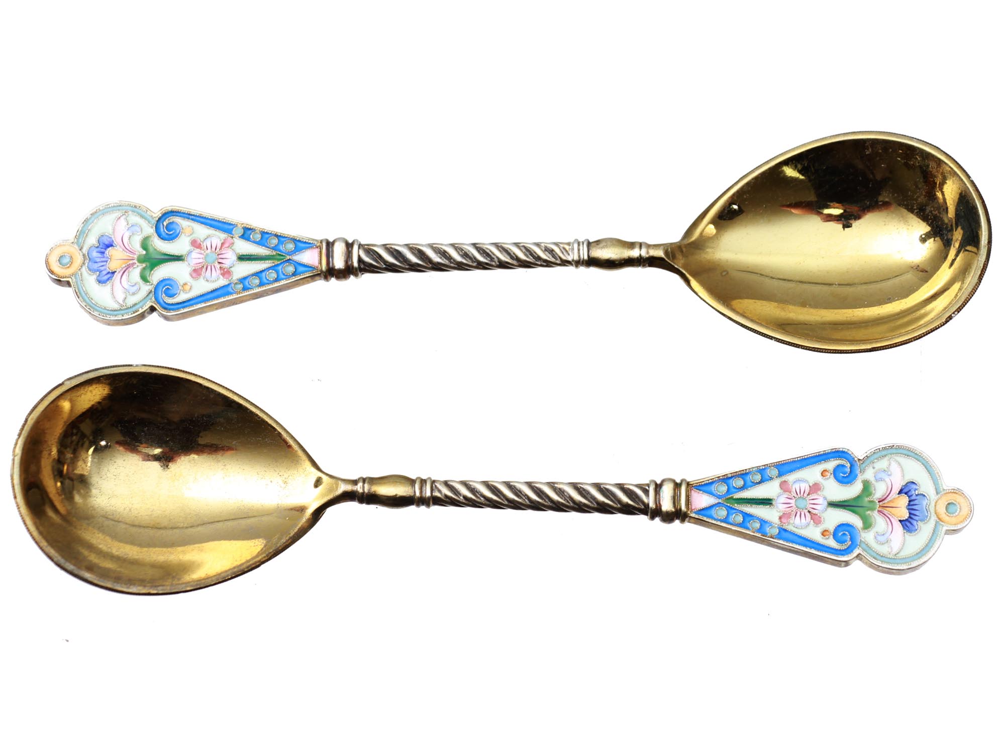 TWO RUSSIAN GILT SILVER & CLOISONNE ENAMEL SPOONS PIC-1