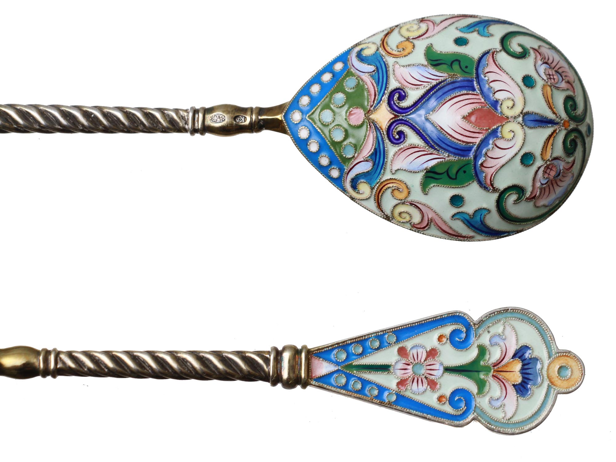 TWO RUSSIAN GILT SILVER & CLOISONNE ENAMEL SPOONS PIC-2