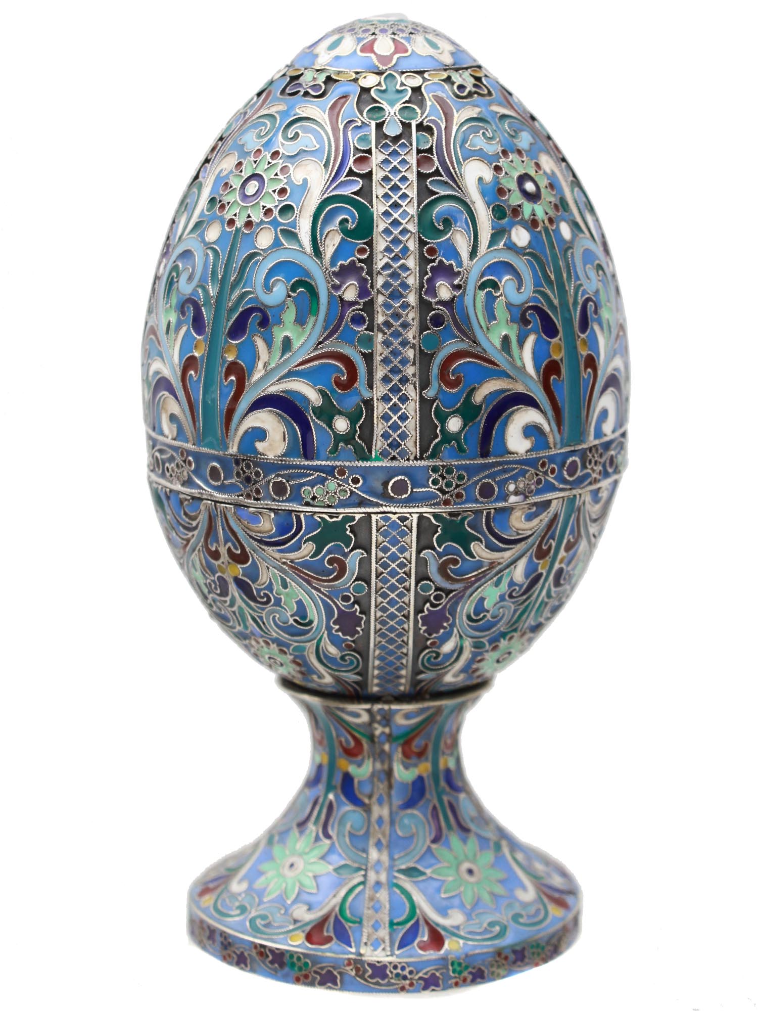 RUSSIAN SILVER & CLOISONNE ENAMEL EGG TRINKET BOX PIC-0