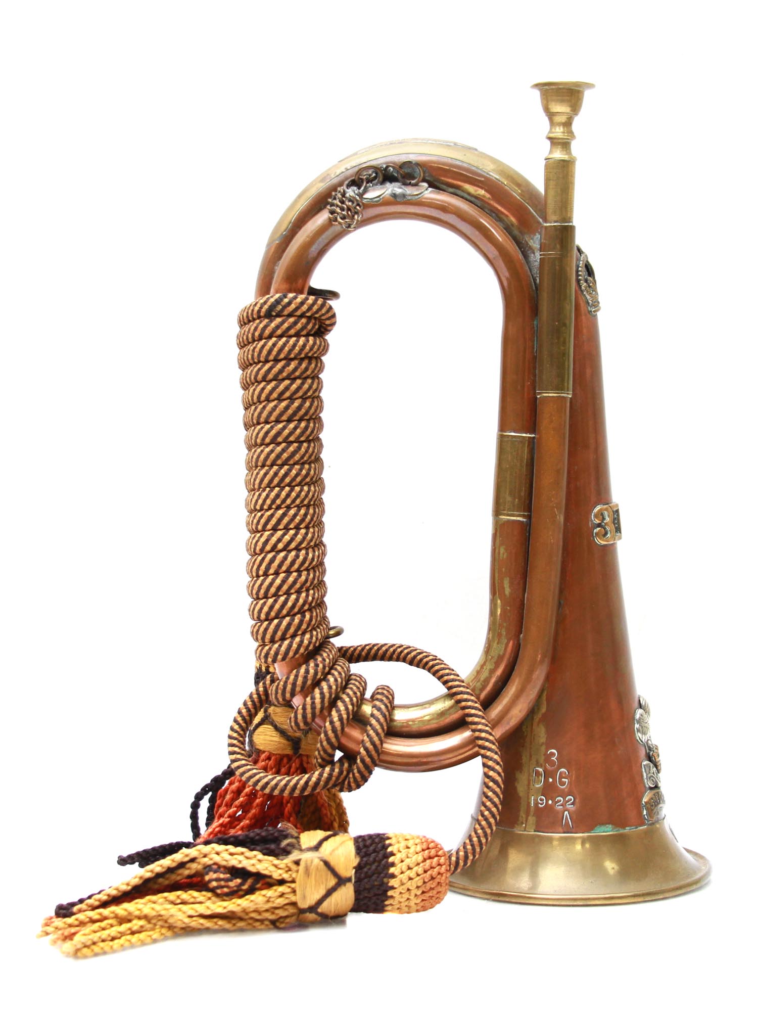 AN ANTIQUE BRASS AND SILVER REGIMENT BUGLE HORN PIC-0