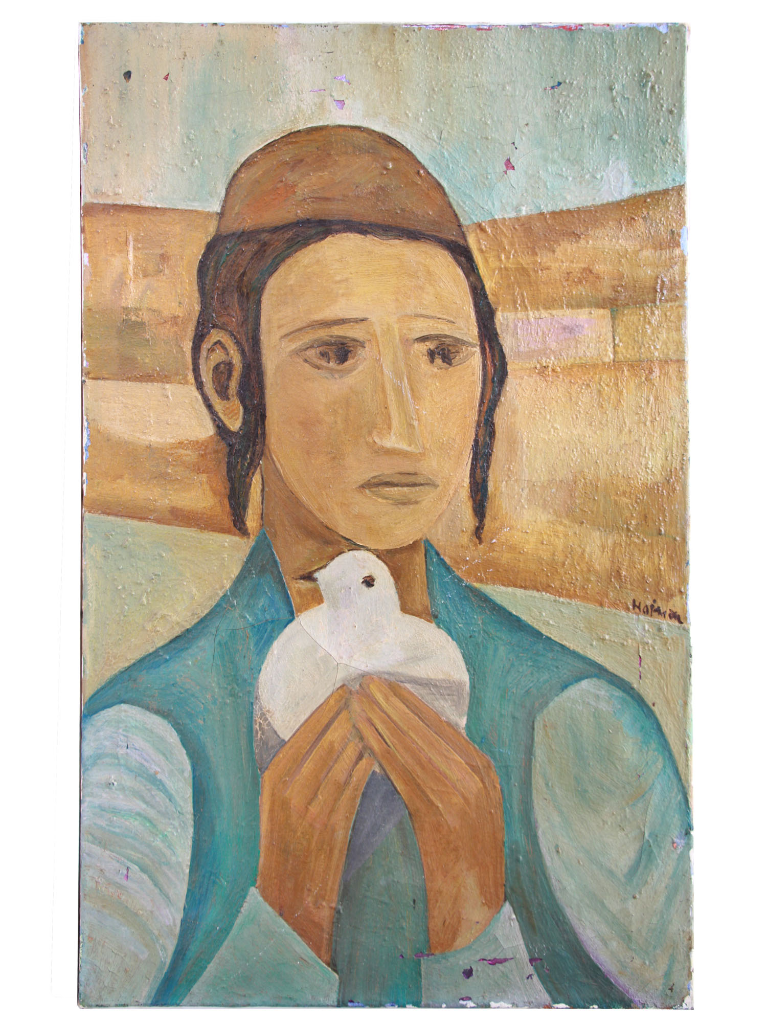 ATTR TO HAIM FRENCH JEWISH OIL PAINTING BOY DOVE PIC-0