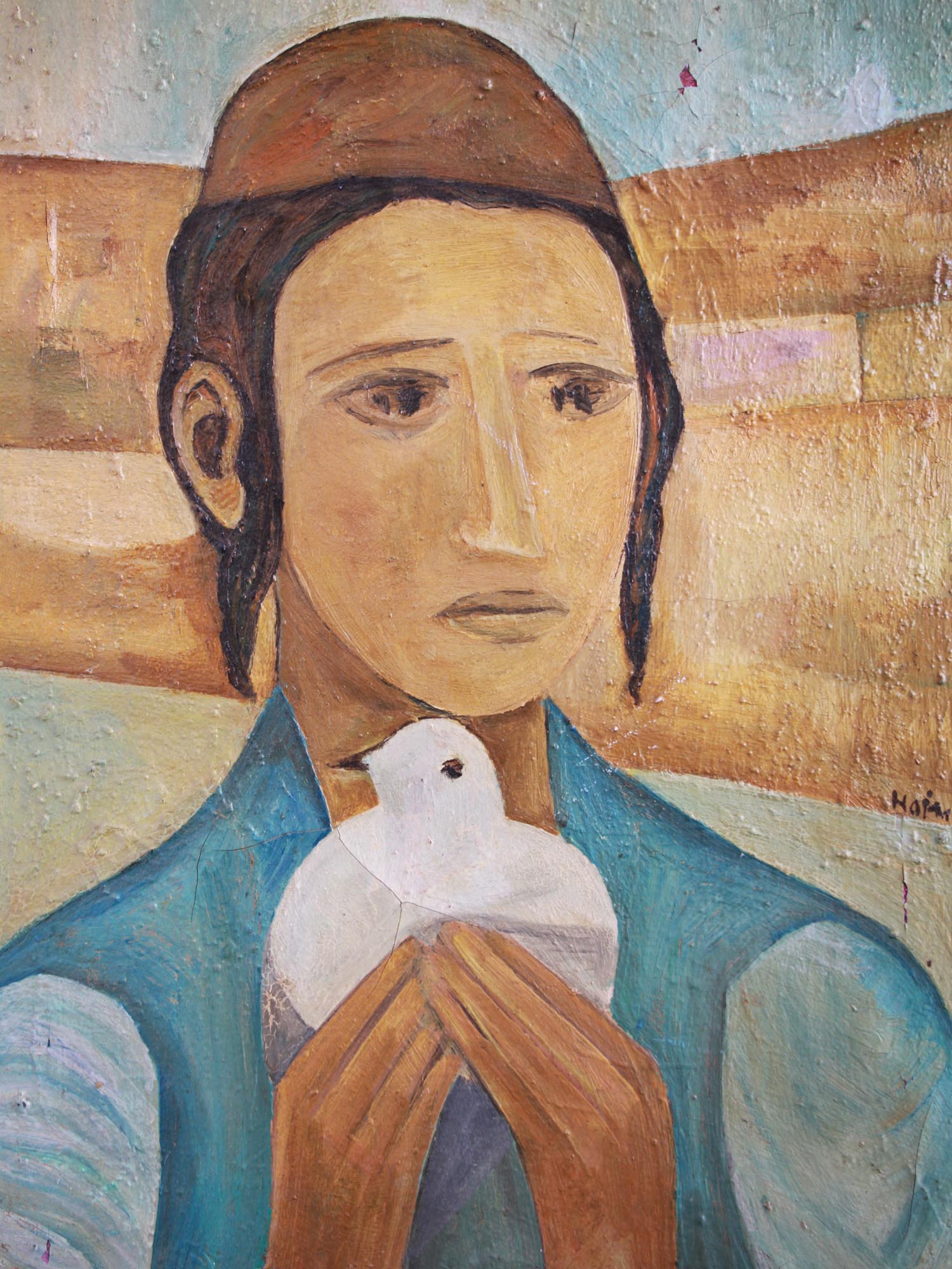 ATTR TO HAIM FRENCH JEWISH OIL PAINTING BOY DOVE PIC-1